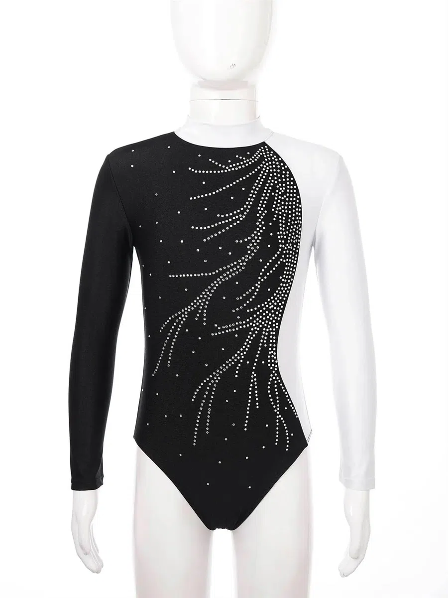 Maillot Gimnasia Ritmica Leotardo de gimnasia for niñas y niños, tutú de Ballet de diamantes de imitación brillante de manga larga, leotardo de baile, mono de patinaje sobre hielo, mono de gimnasia(Ro