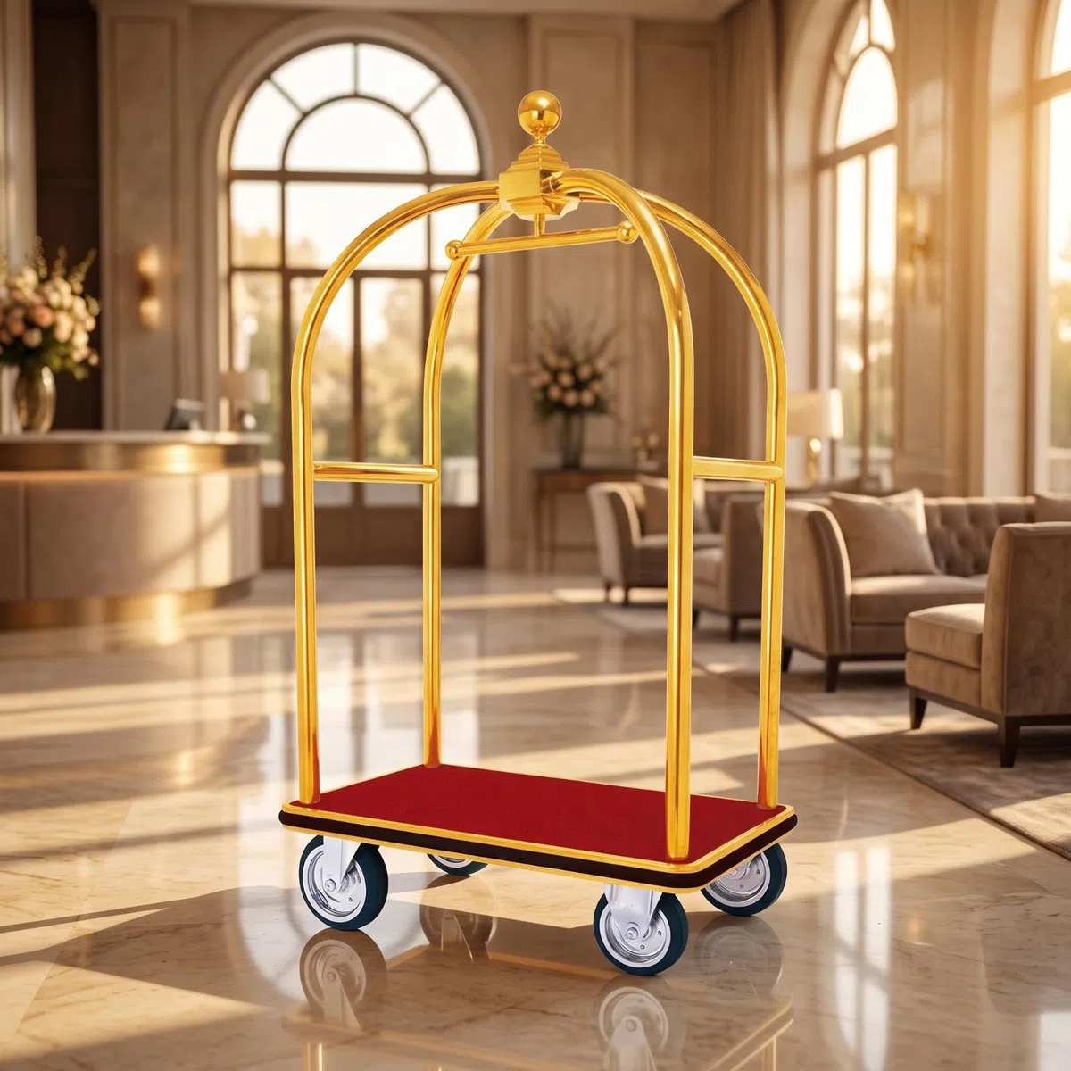 Carrito de Equipaje Carro Maletero Trolley Hotel Marco Alto Arqueado Superficie Amplia Desplazamiento Silencioso Ruedas de Goma Adecuado para Recepción de Hotel Vestíbulo Aeropuerto