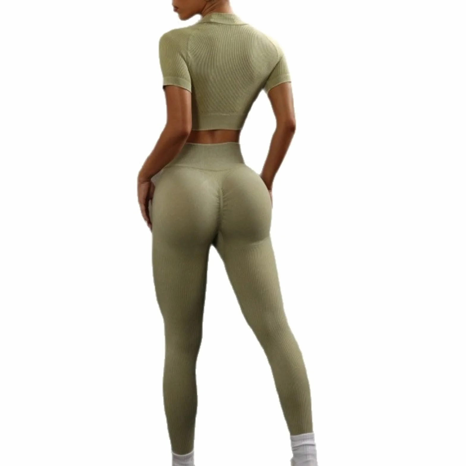 KIRYU Conjunto de ropa deportiva acanalada sin costuras de 2 piezas para mujer, camiseta corta de manga corta y leggings de cintura alta, gimnasio, yoga, entrenamiento