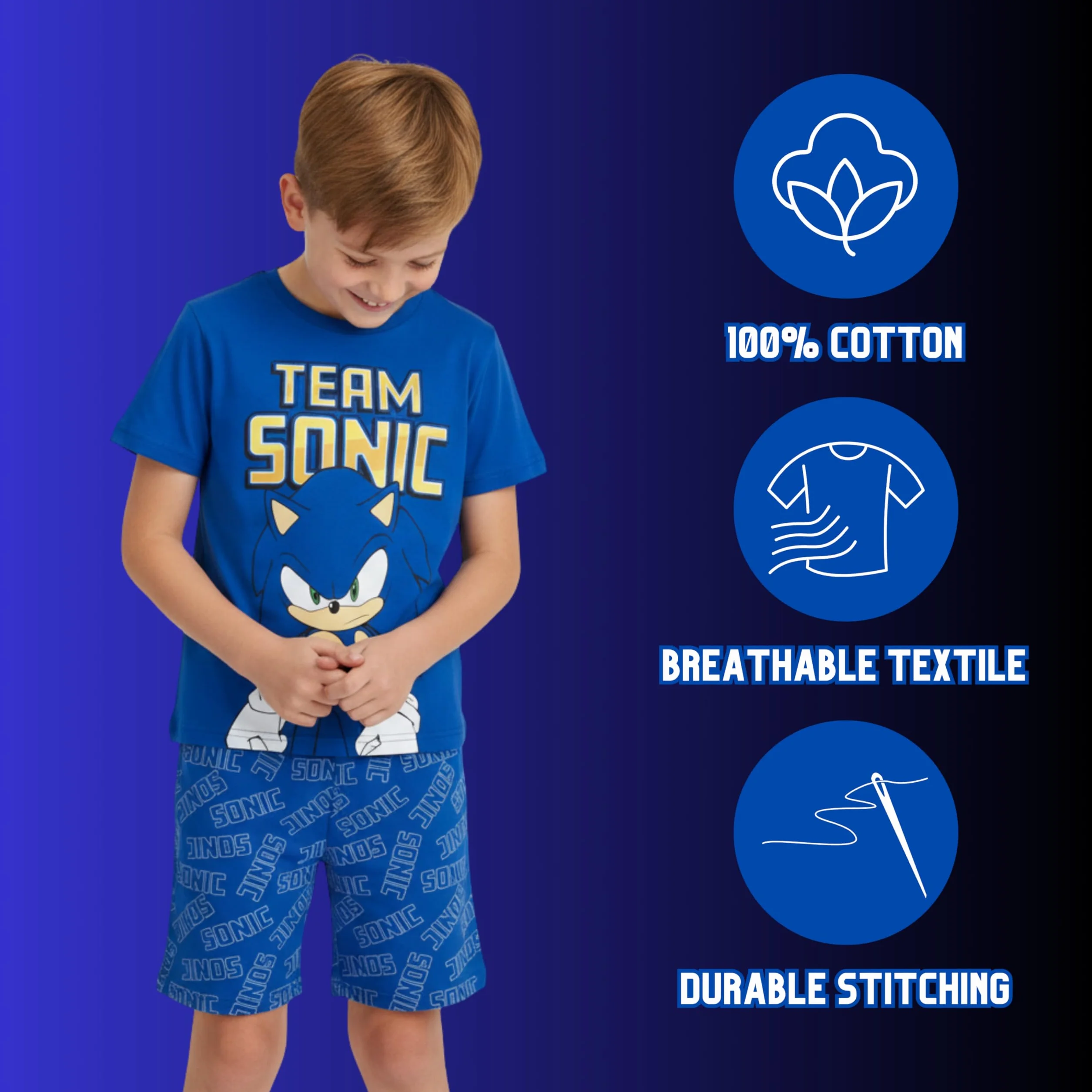 Sonic The Hedgehog Pijamas para Niño, Algodon Suave Camiseta Manga Corta y Pantalon Corto, Tallas 4 a 10 Años