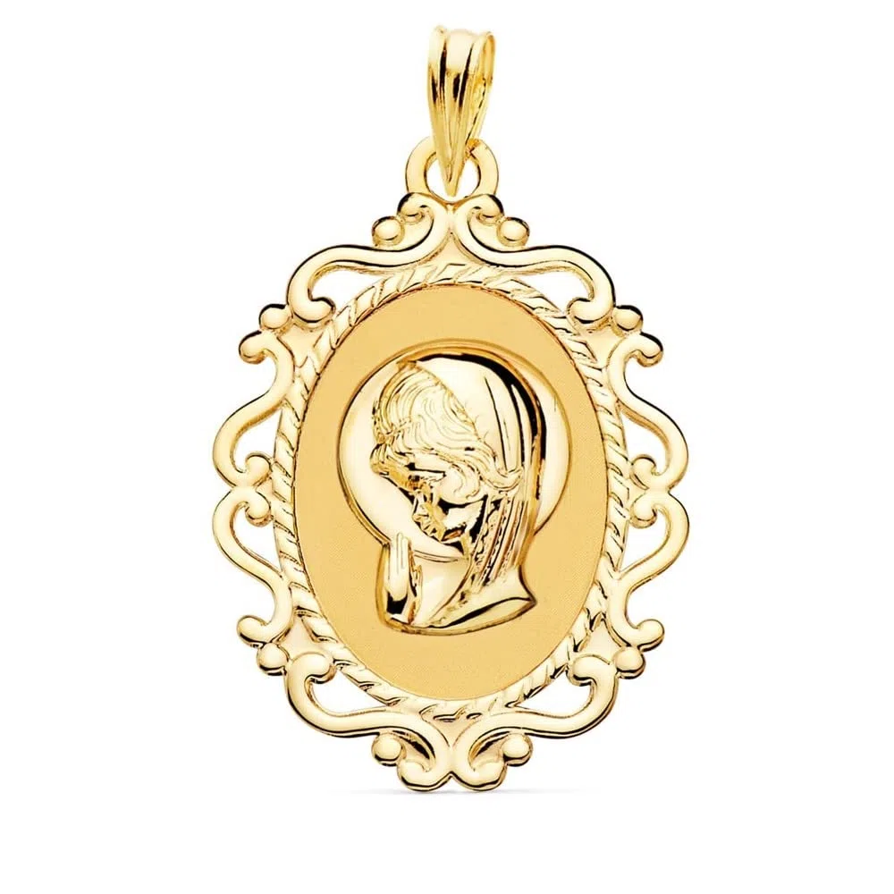 Virgen Niña medalla oro 18k Primera Comunión colgante 31mm. ovalada borde detalles calados - Personalizable - GRABACIÓN INCLUIDA EN EL PRECIO