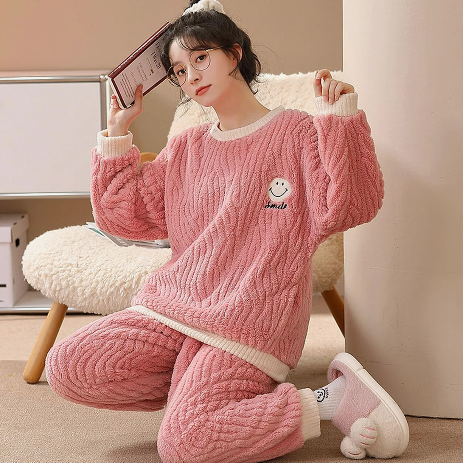 TOBILE Pijama de franela de invierno para mujer, conjunto de pijama de felpa jacquard cálido grueso para el hogar, pantalones de dos piezas, pijama 9904, M