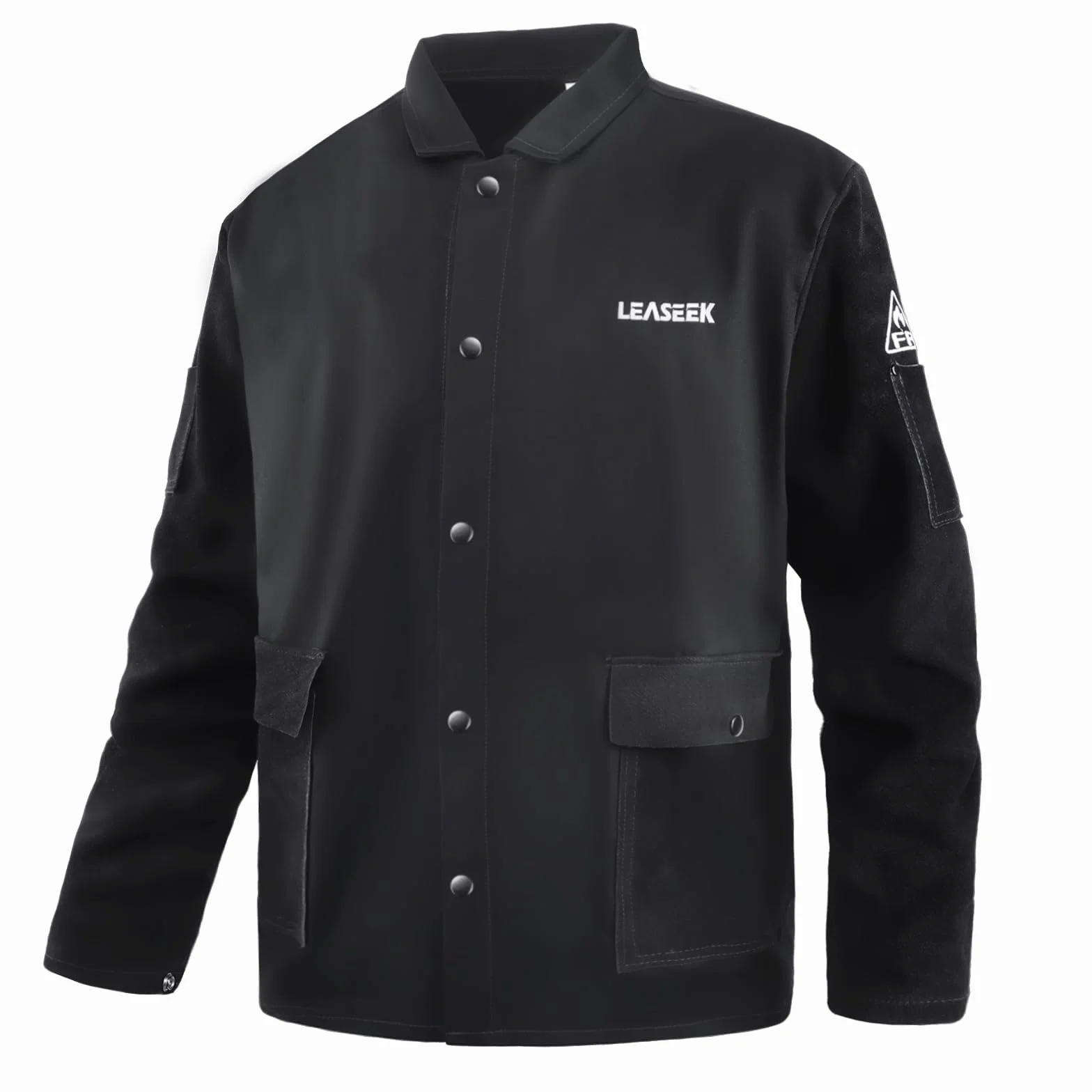 LeaSeek Chaqueta de soldadura de algodón resistente al fuego (FR) con mangas de cuero, abrigo soldador de seguridad para el trabajo para hombres y mujeres