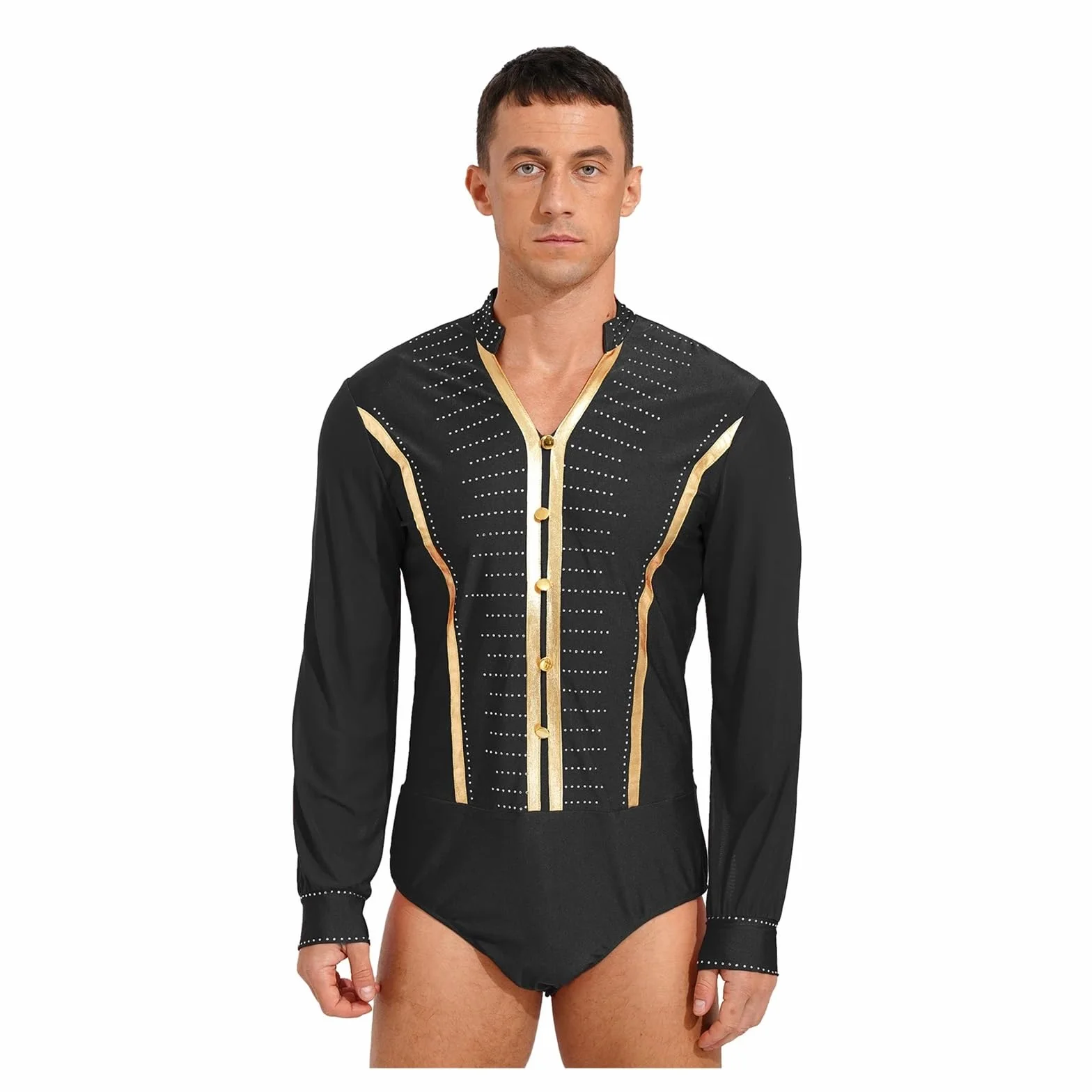 Hombre Camisa de Baile Latino con Diamantes de Imitación, Traje de Salón Cha Cha Rumba, Manga Larga, Ropa de Práctica Latina (Negro, M)