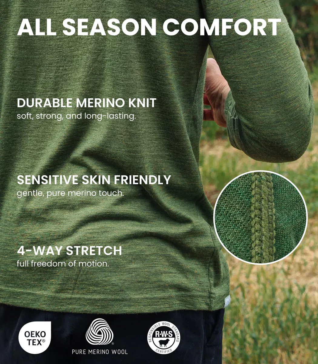 Merino.tech Camiseta Termica Lana Merino Hombre - Ropa Térmica 100% Lana (Small, 165 Forest Green)