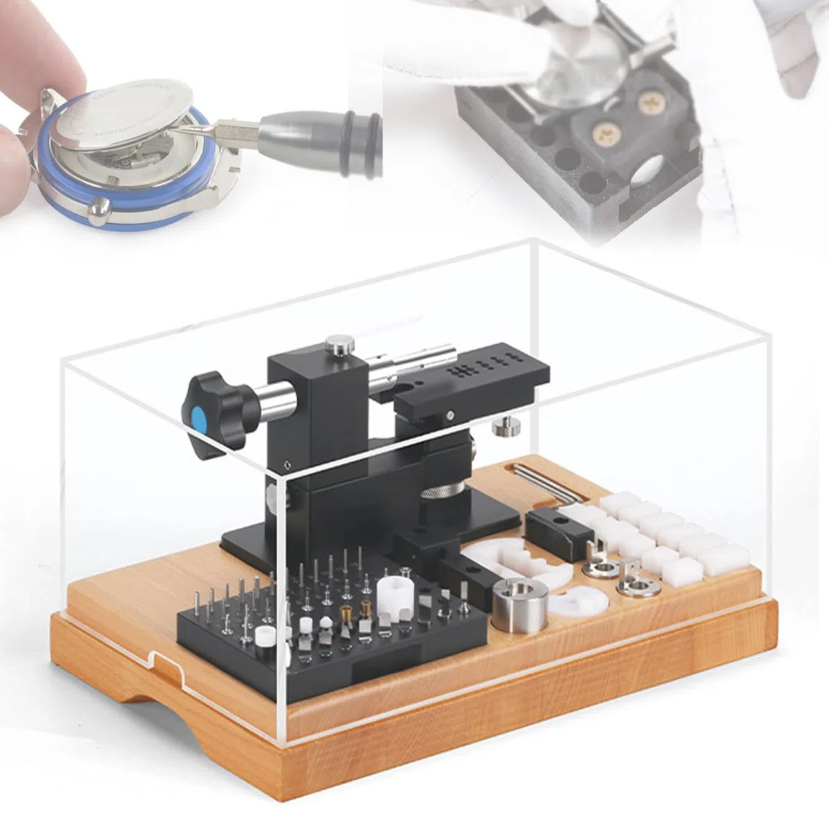 Abridor de cubierta trasera de reloj, removedor de cajas multifuncional, con base de madera y cubierta antipolvo, kit de herramientas de reparación de relojes portátil para relojeros