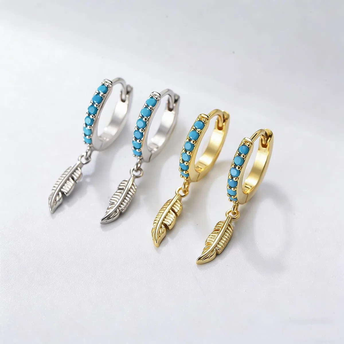 Pendientes de oro blanco de 9 K/14 K/18 K/PT950, joyas auténticas con turquesa redonda, pluma de aro