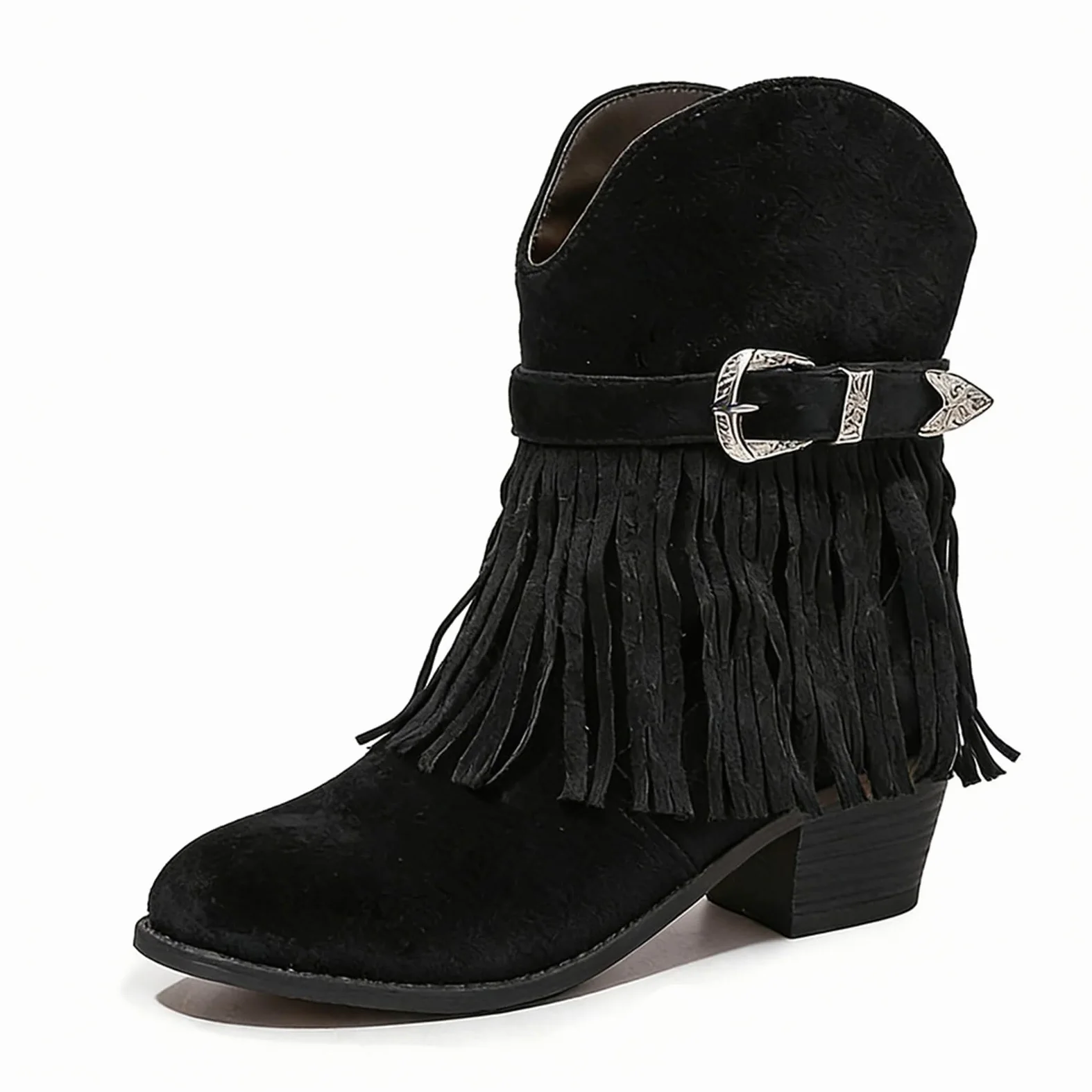 Botines de Tobillo de Ante para Mujer con Flecos Tacón Medio Ancho Fácil de Calzar Estilo Vaquero Calzado Boho para Conciertos Country Fiestas Temáticas Bodas y Baile