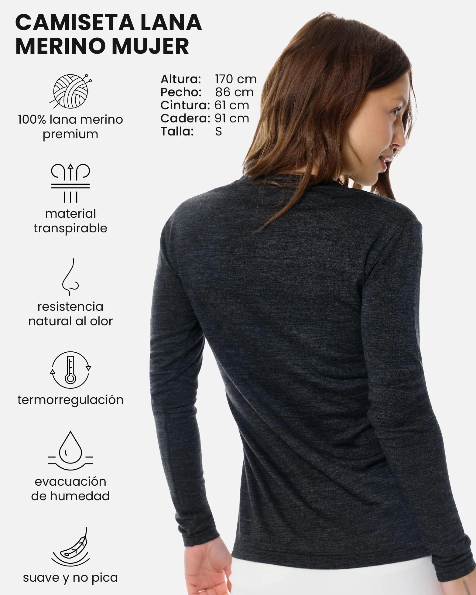 Merino.tech Сamisetas Mujer Manga Larga - 100% Lana Merino Ropa Termica (Small, 190 Melange Black V)