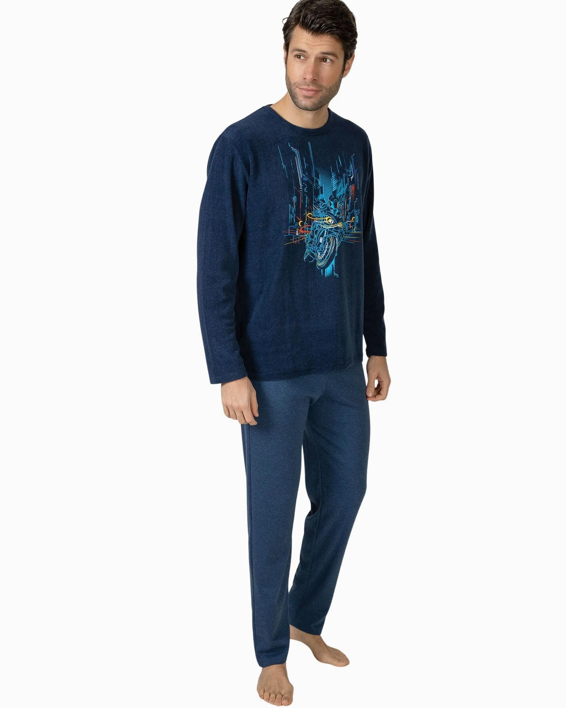 MASSANA Pijama de Hombre para Invierno P751325, Camiseta Manga Larga con Estampado Urbano y Pantalón Largo, Azul Marino, Mezcla de Algodón y Poliéster
