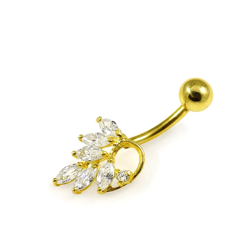 Piercing para ombligo de oro amarillo macizo de 14 quilates con circonita cúbica y diseño de hoja de piedra - Joyería de ombligo de 14 quilates - Piercing para el ombligo de calibre 14,