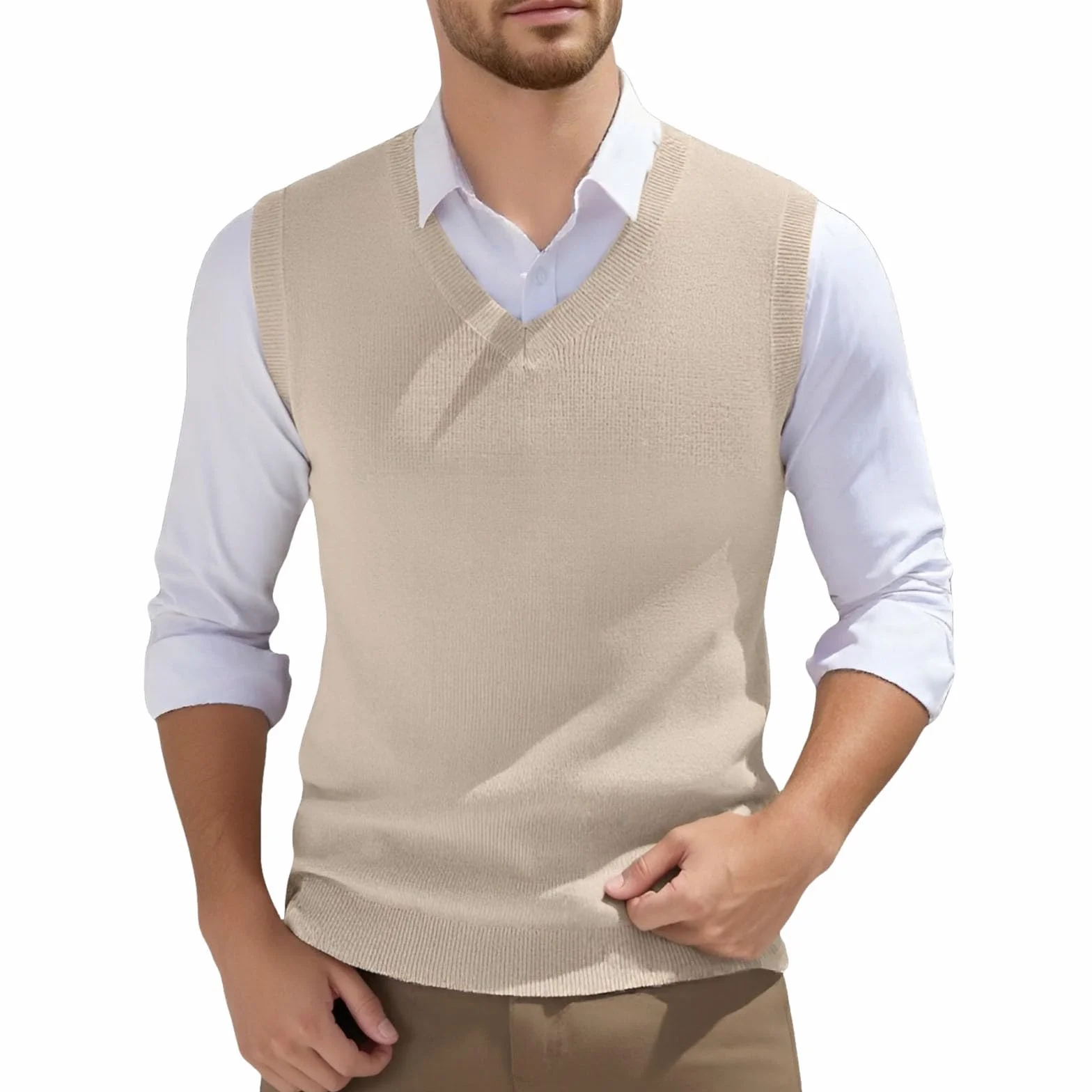 Chaleco de Punto con Cuello en V para Hombre Estilo Informal Sin Mangas Corte Ajustado Chaleco de Lana Suéter de Punto Clásico Chaleco de Caballero de Negocios