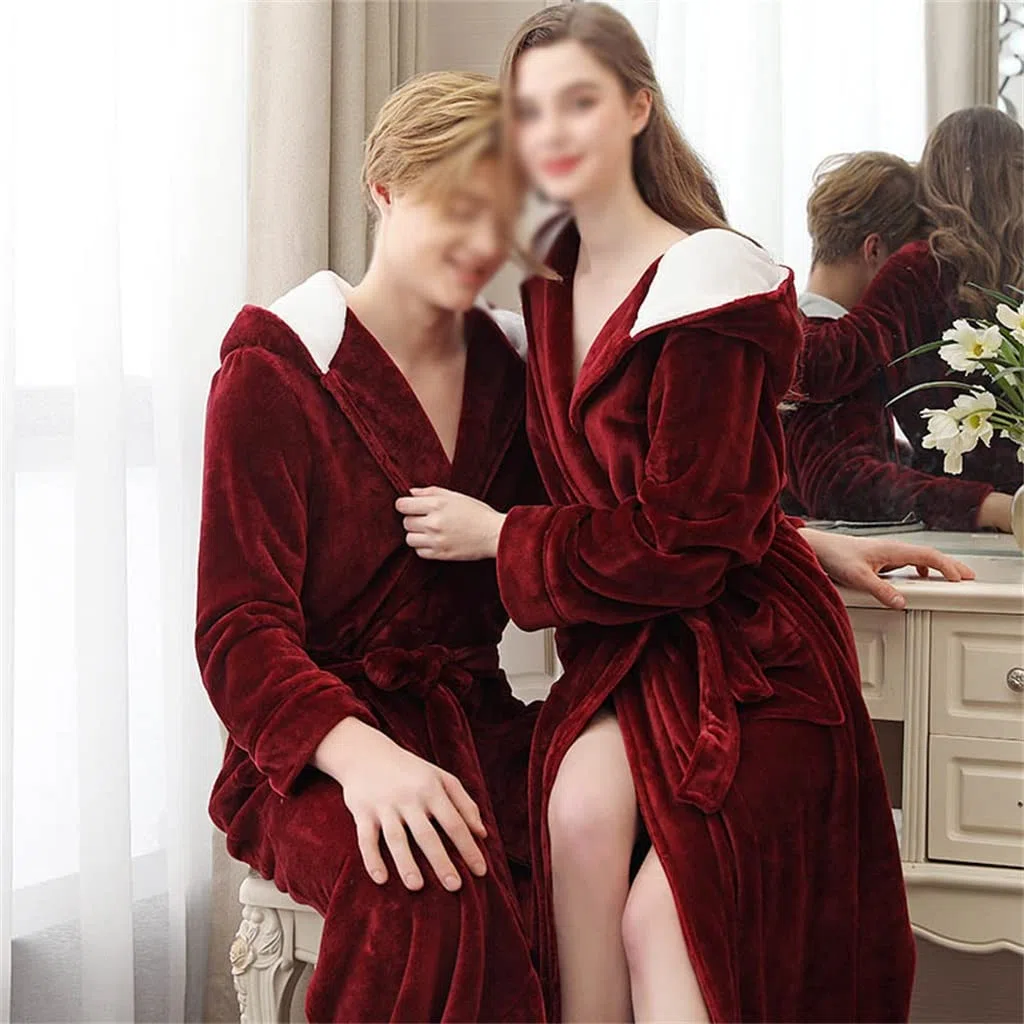 Hombres Invierno Mujeres con Capucha Larga Pareja Ropa cálida Batas Tallas Grandes Boda Ropa de Dormir for los Amantes(3XL Code)