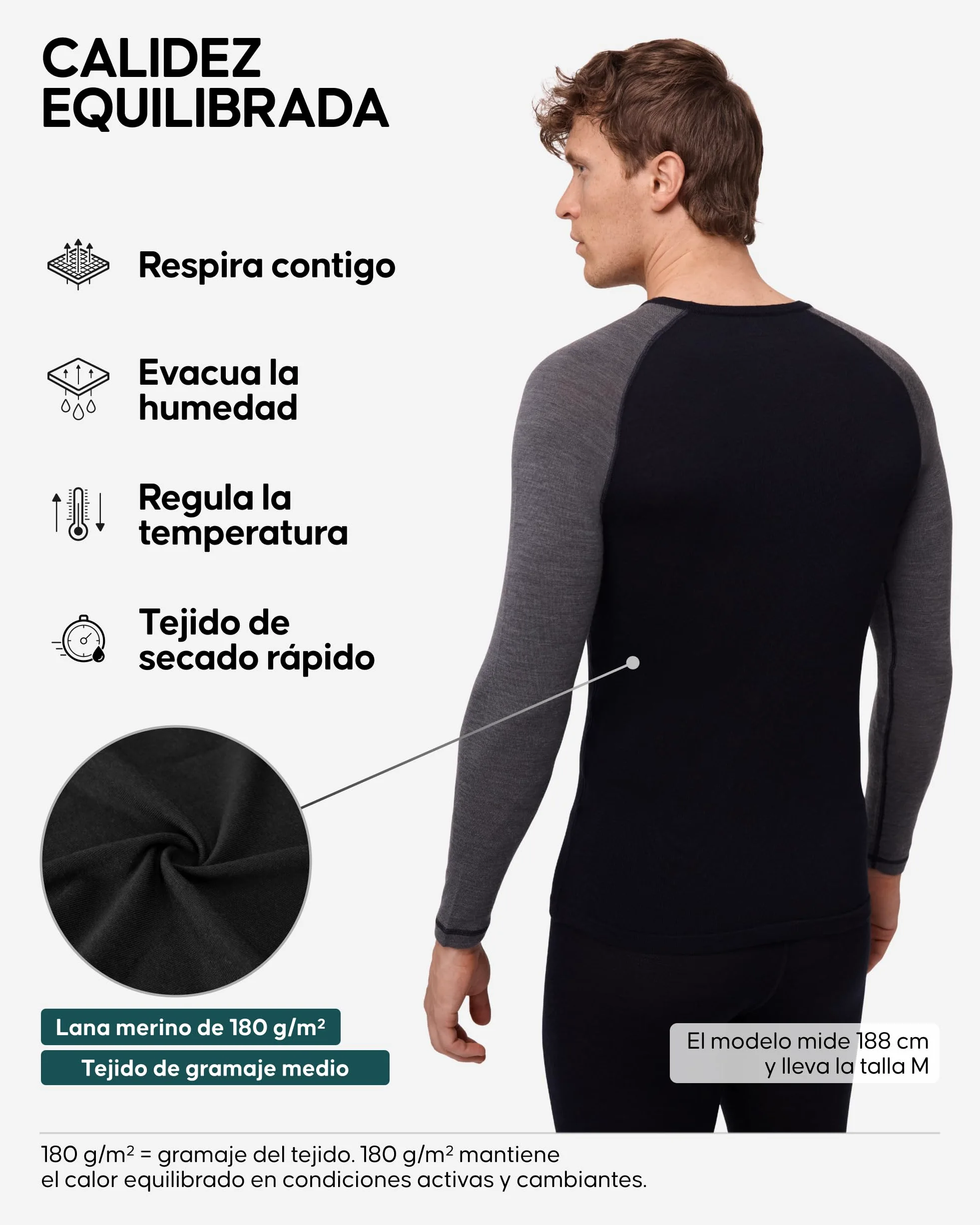 DANISH ENDURANCE Camiseta Térmica Lana Merino Hombre Negro/Dark Gris M | Camiseta Térmica de Lana Merino 180g/m², Cálida y Transpirable con Ajuste Ergonómico, para Senderismo, Esquí y Uso en Casa