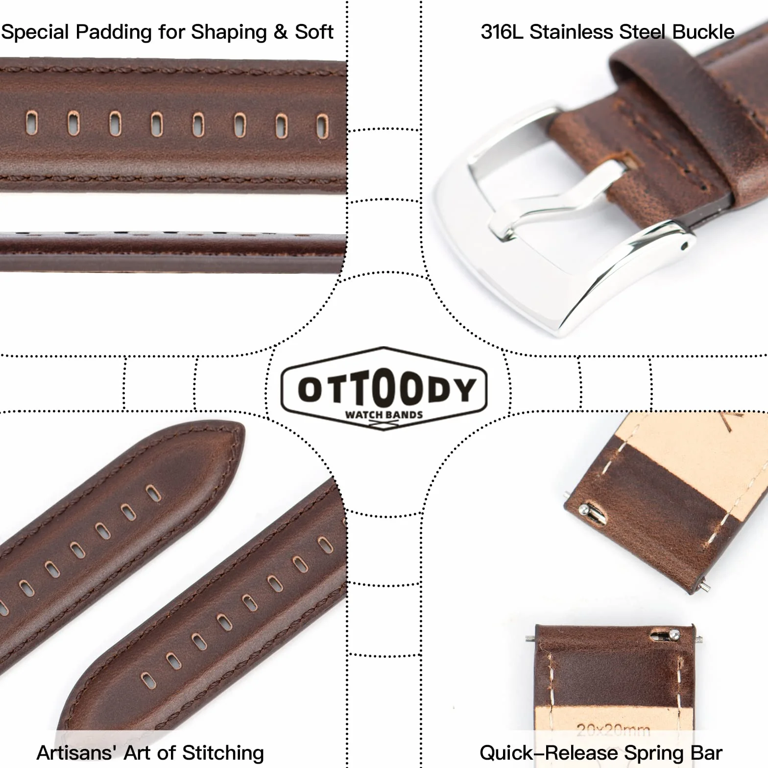 OTTOODY Correa de Reloj de Cuero de Liberación Rápida 18mm 19mm 20mm 21mm 22mm, Elegantes Correas de Reloj de Cuero de Grano Superior Correa de Reloj de Repuesto para Hombre Mujer, Reloj y Smartwatch