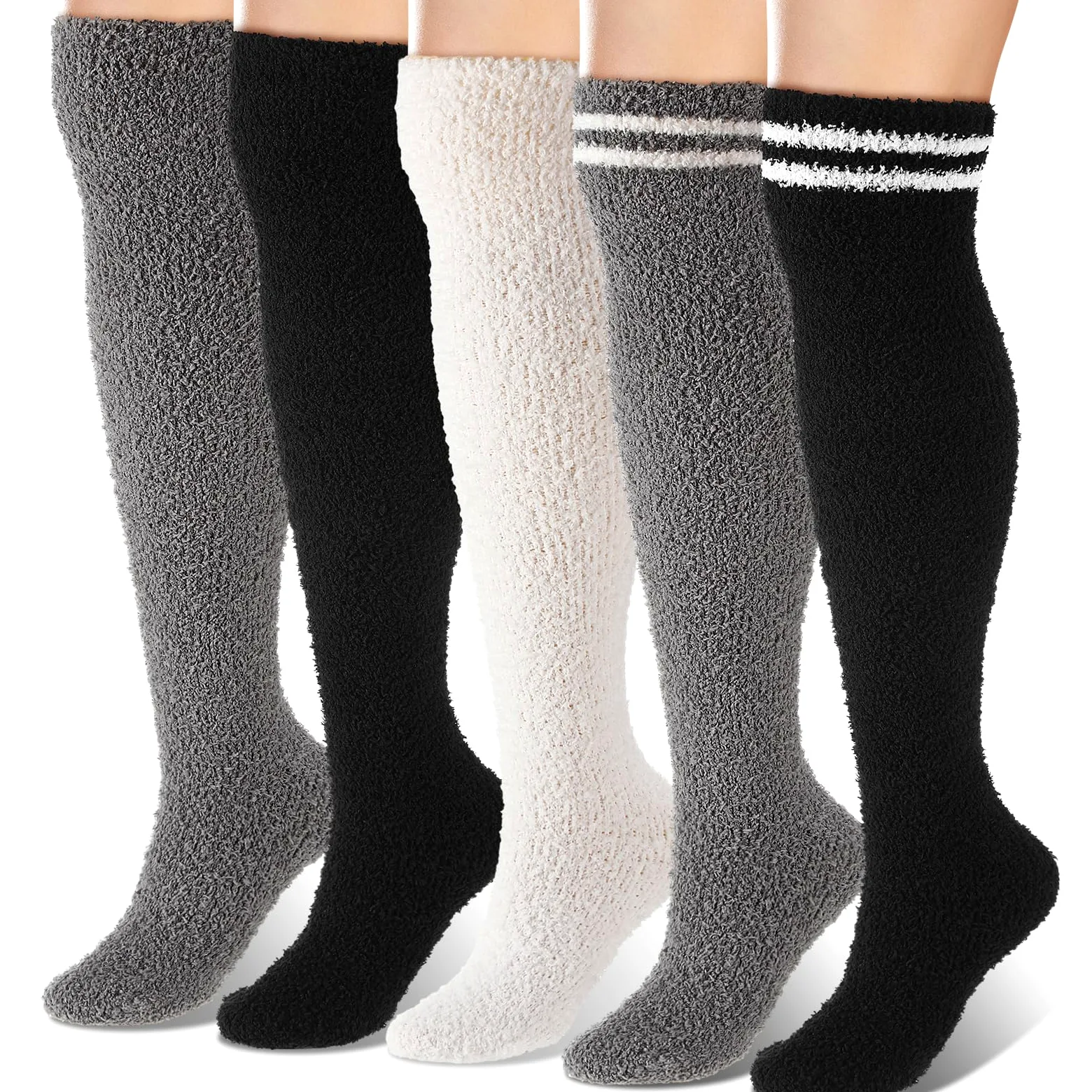 Geyoga 5 pares de calcetines altos hasta el muslo para mujer, calcetines mullidos, cálidos, gruesos, cómodos, suaves, mullidos, acogedores, calcetines de felpa de invierno para mujeres y hombres, ropa