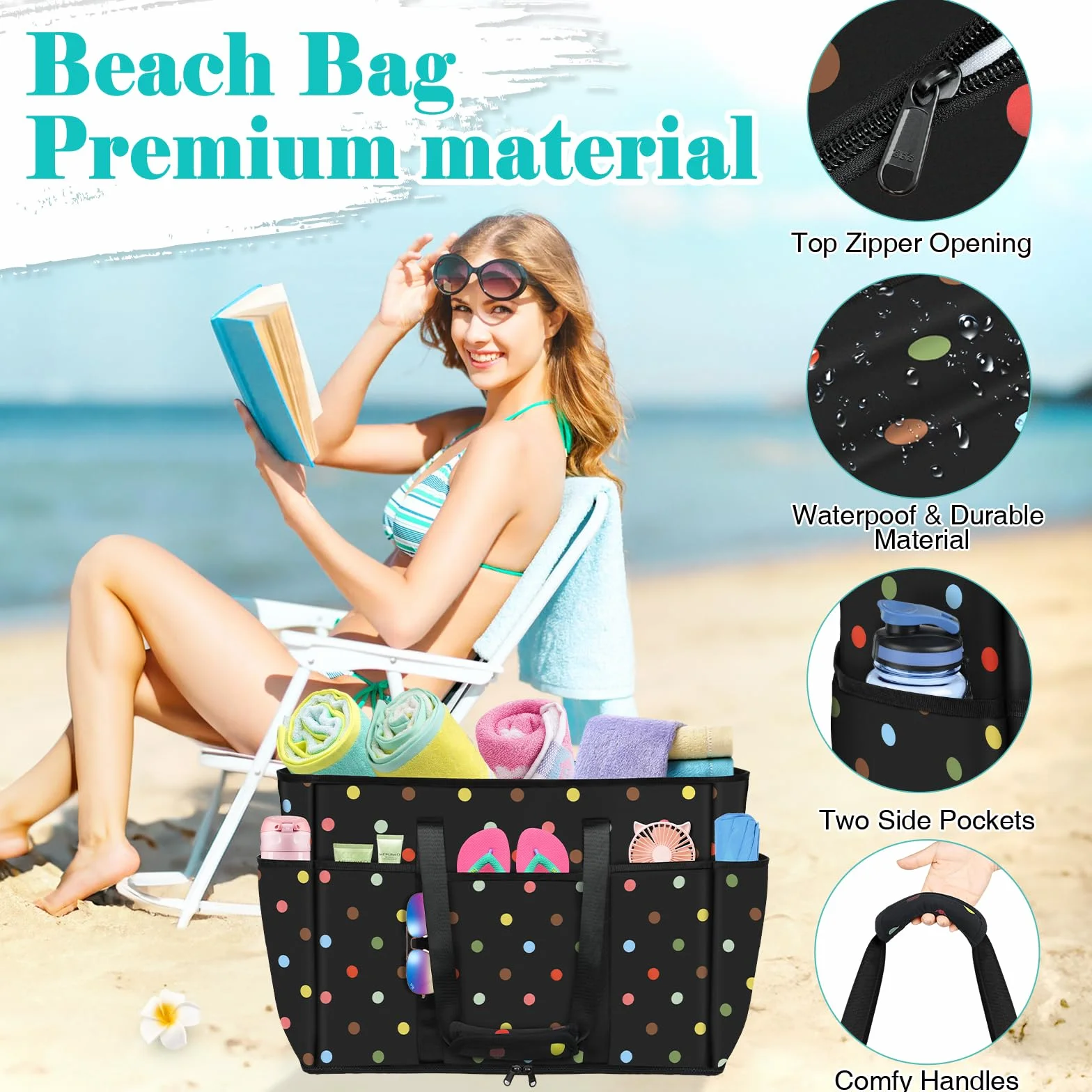 LUROON Bolsa Playa Grande XXL Familiar con Cremallera Impermeable Bolso de Playa Mujer Plegable Shopper Bolso Playa Mujer para Viaje Compras 50 * 35 * 20cm