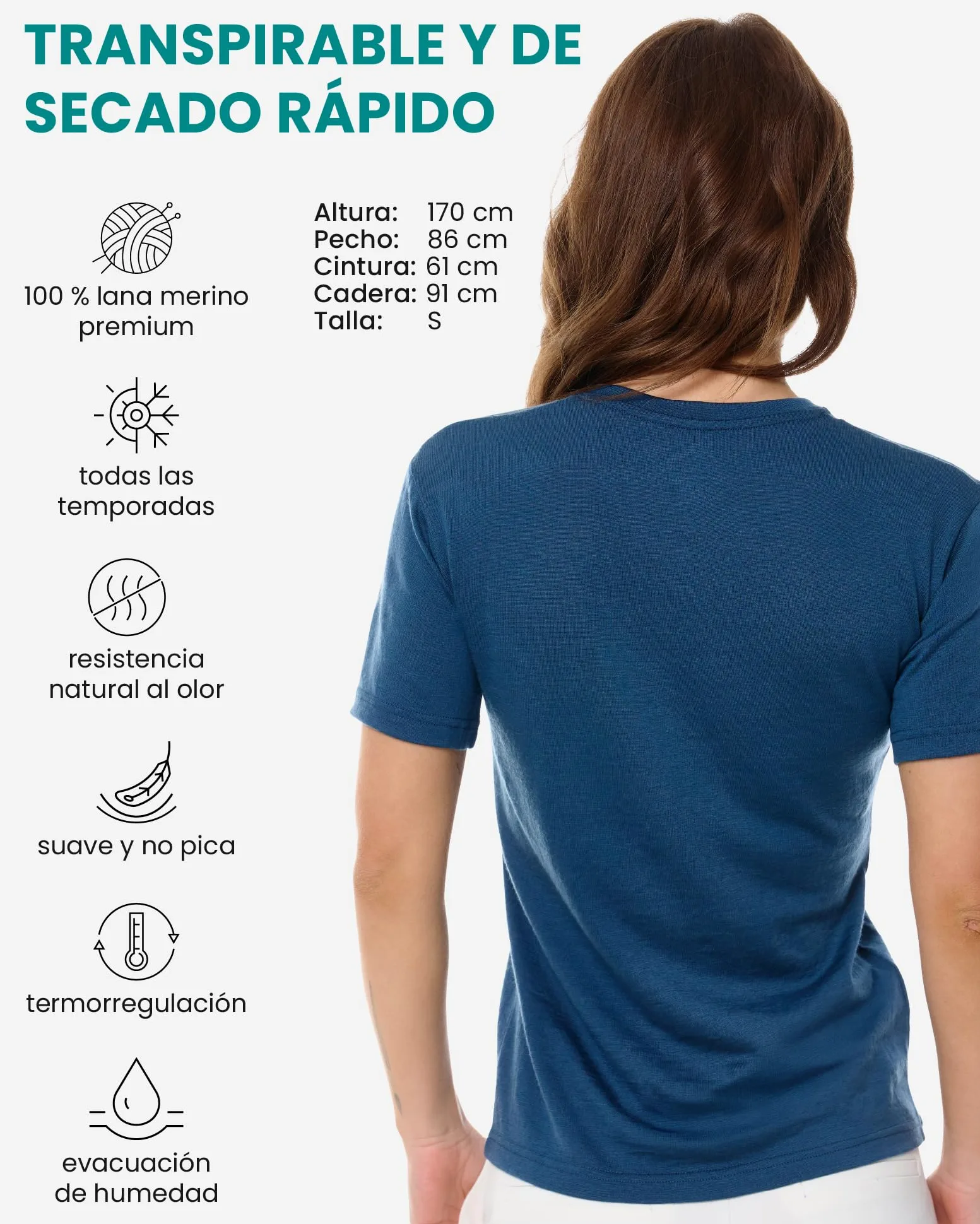 Merino.tech Camiseta Termica Lana Merino Mujer - Ropa Interior Base Layer 100% Lana Merino para Mujer (X-Large, Denim V-Neck)