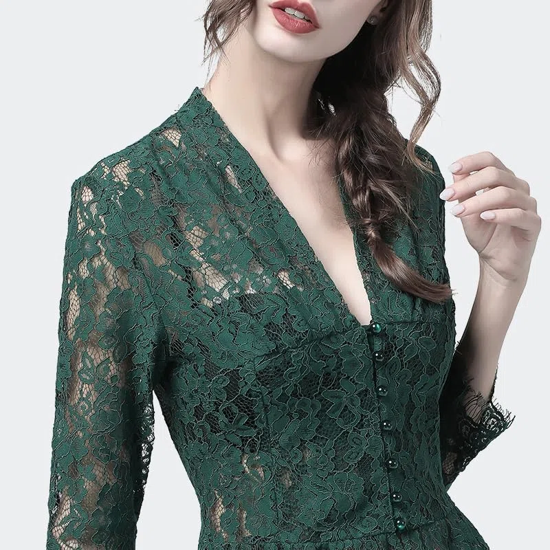 Blusa de Encaje para Mujer, Camisa Hueca Transparente, Top de Primavera y Verano con Mangas 9/10, Tops de Trabajo Ajustados Sexis con Cuello en V (En8 L)