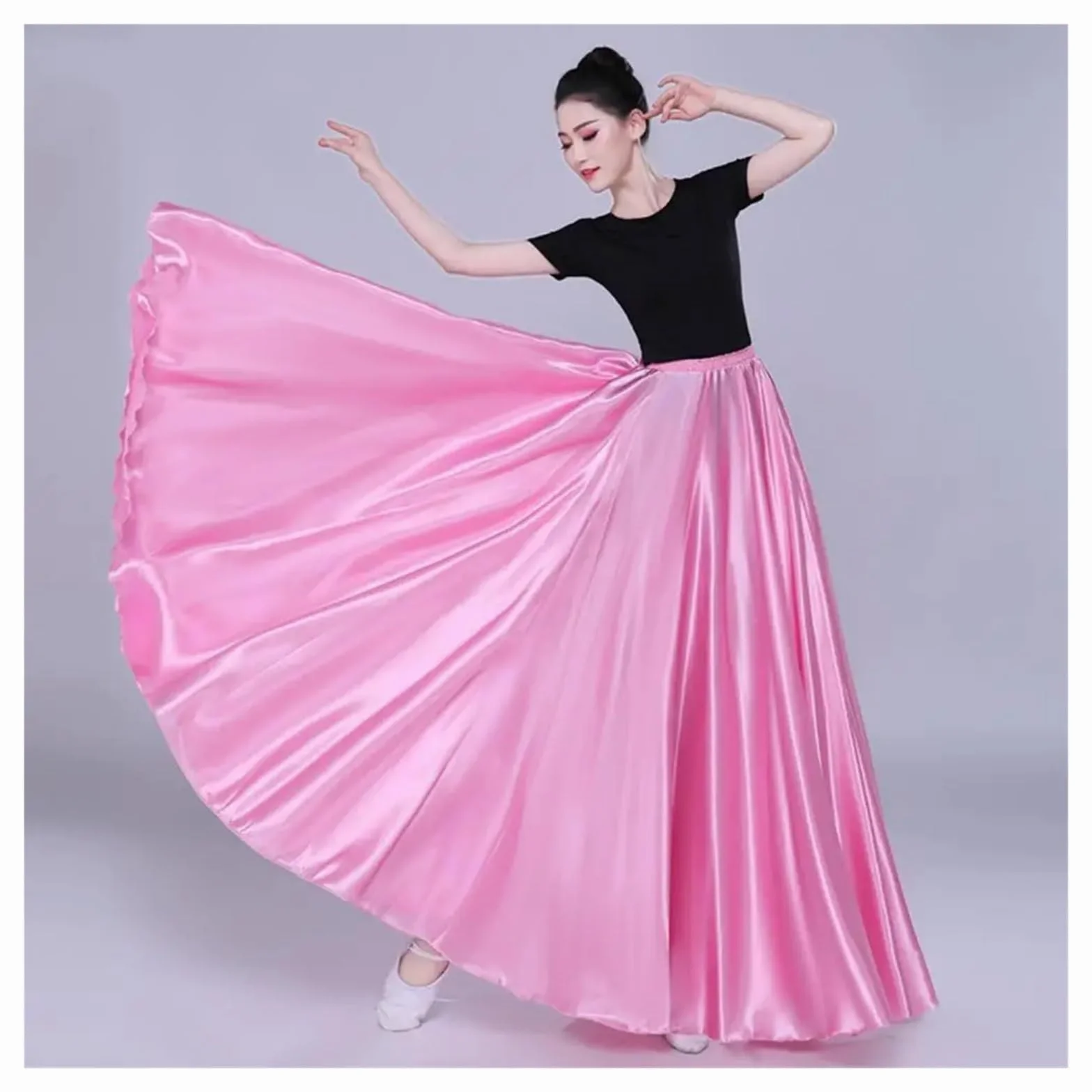 Falda de Rendimiento for Mujer, Falda Plisada con Dobladillo súper Grande, Falda de satén for Danza del Vientre, Falda española Larga, Faldas for Baile Swing(Light Green)