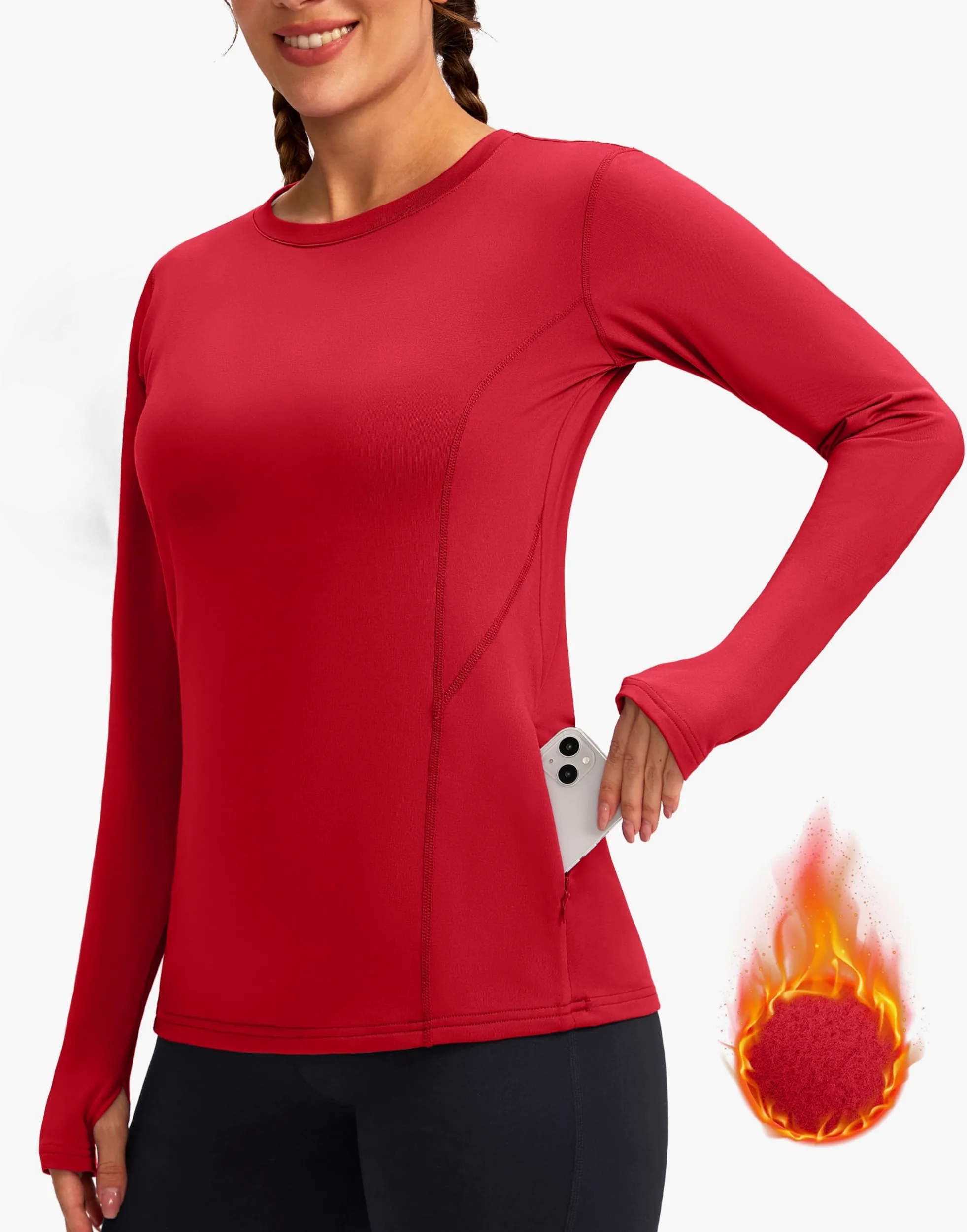 Camiseta térmica de forro polar para mujer, manga larga, para entrenamiento, correr, capa base atlética, con agujeros para el pulgar y bolsillo con cremallera