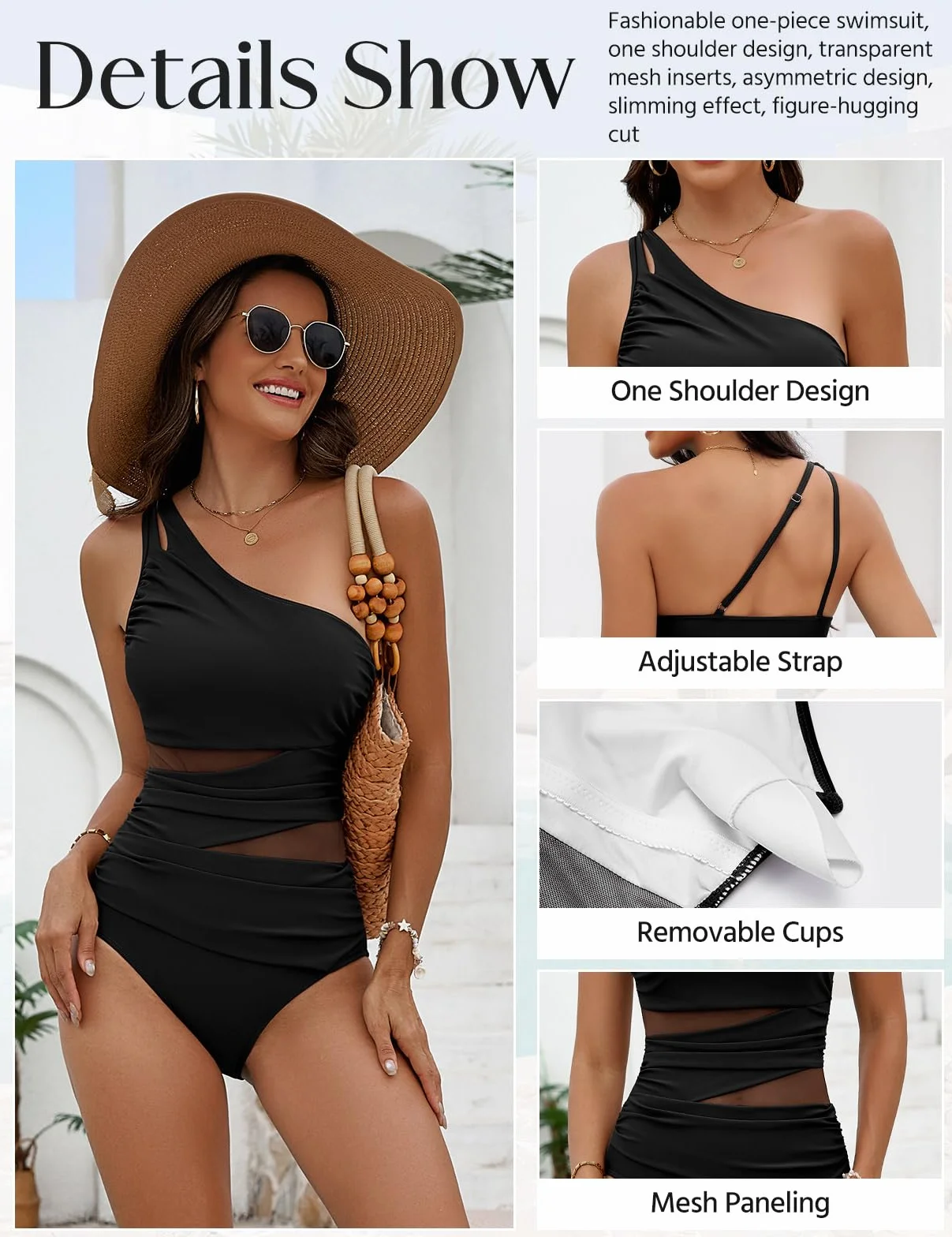 Svanco Bañador de Mujer Reductor Barriga Vientre Plano, Traje de Baño Sexy Push Up con Relleno, Diseño de Un Hombro con Paneles de Malla, Ideal para Playa y Natación