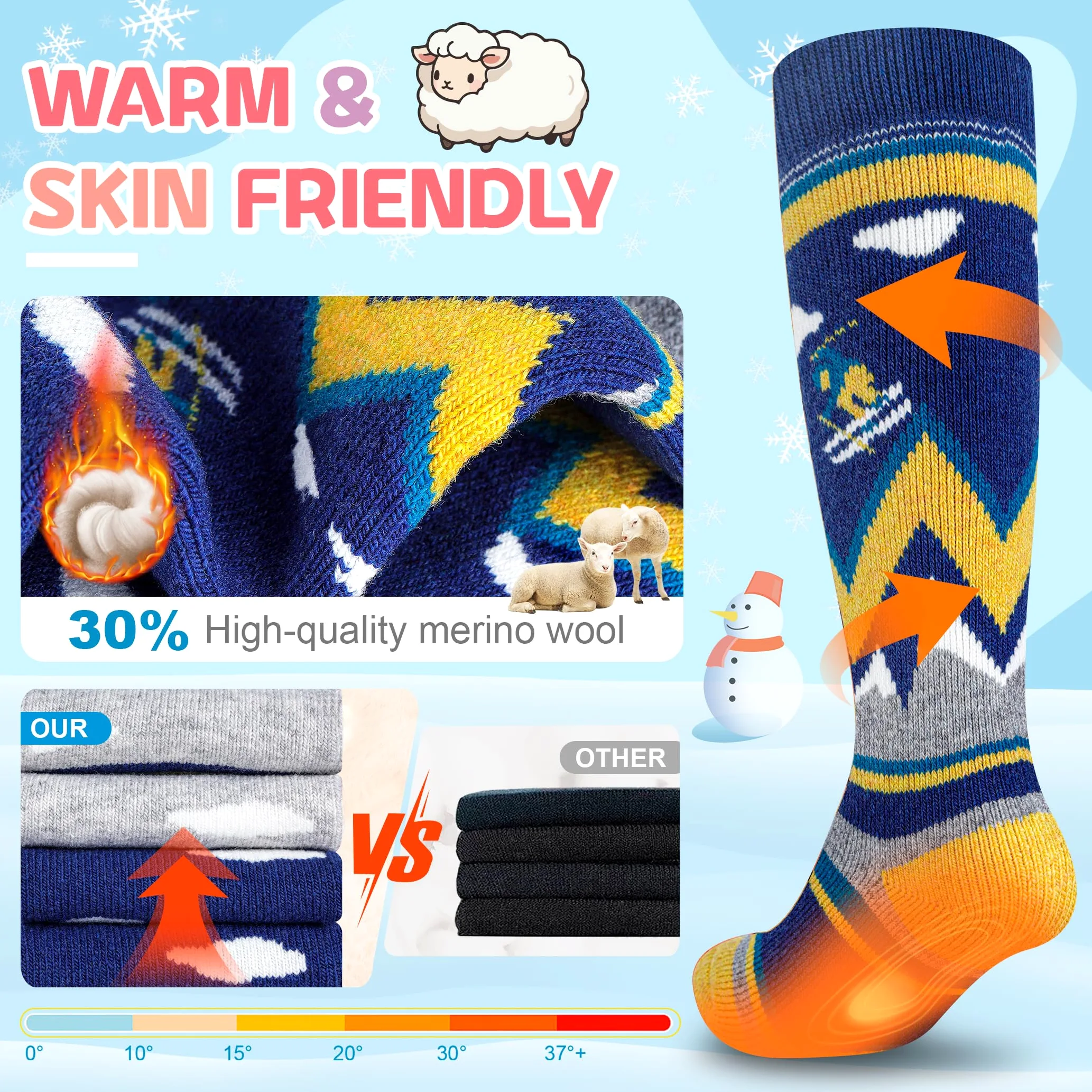 unenow Calcetines térmicos de lana merino para niños, 2 pares de calcetines térmicos de invierno para snowboard para niños y niñas