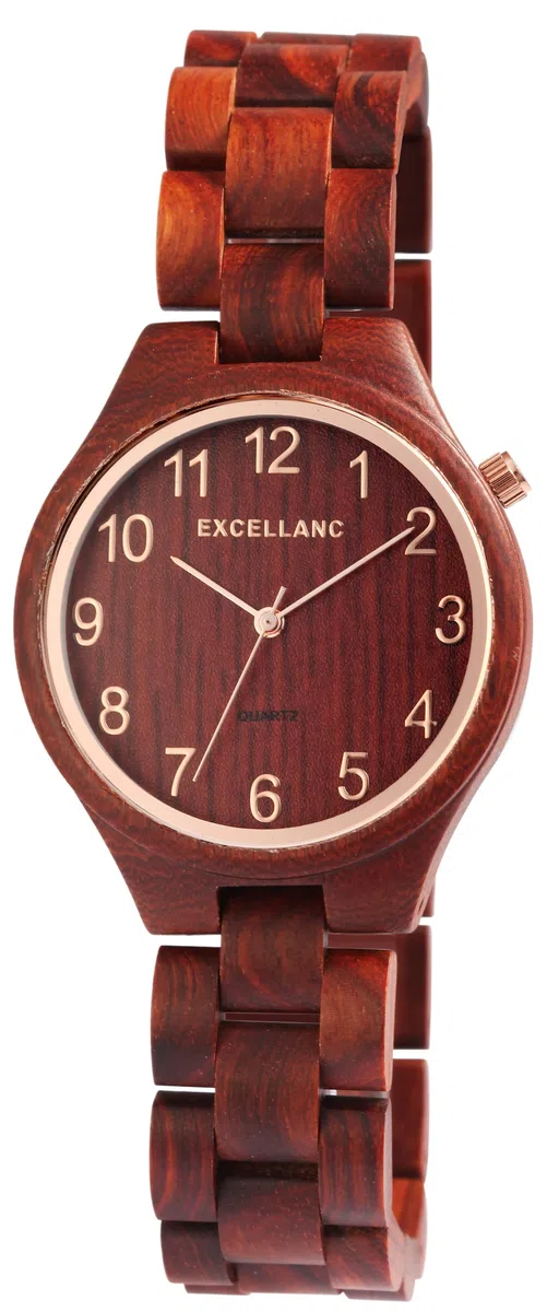Excellanc Reloj Pulsera Agujas de Madera para Mujer con Cierre Desplegable Analógico de Cuarzo 1800236, Madera de Sándalo Rojo
