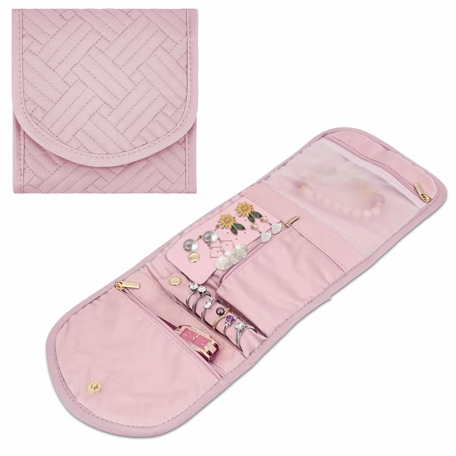AfitLulu Joyero Mujer Bolsa Organizadora de Joyas, Portátil Joyero Viaje Plegable para Niñas y Mujeres, Bolsa de Almacenamiento de Joyas para Anillos, Pendientes, Collares, Pulseras (Rosa)