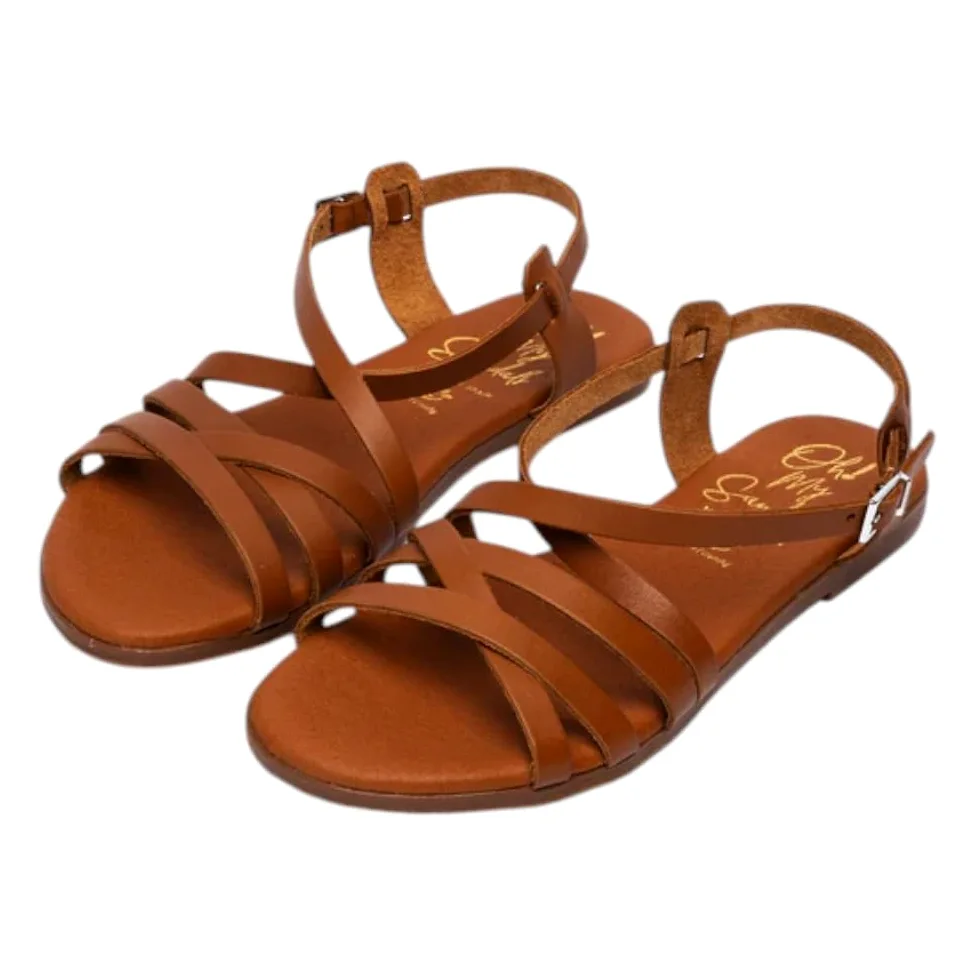 Sandalia Plana de Piel para Mujer - Modelo Brenda - Color Roble - Oh! My Sandals - Cuero