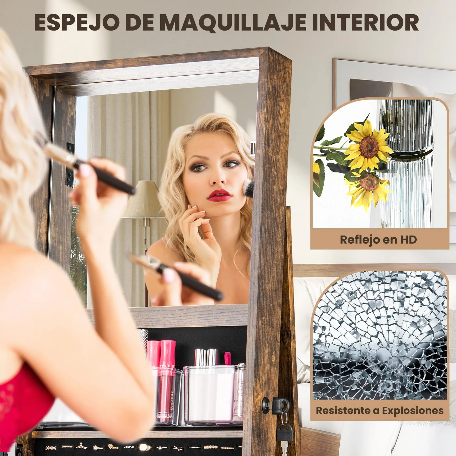 COSTWAY Armario para Joyas Giratorio 360°, Espejo Joyero de Pie con Estantes Traseros, Espejo de Maquillaje Integrado, 3 Cajas y 2 Bolsillos con Cremallera para Dormitorio (Marrón)