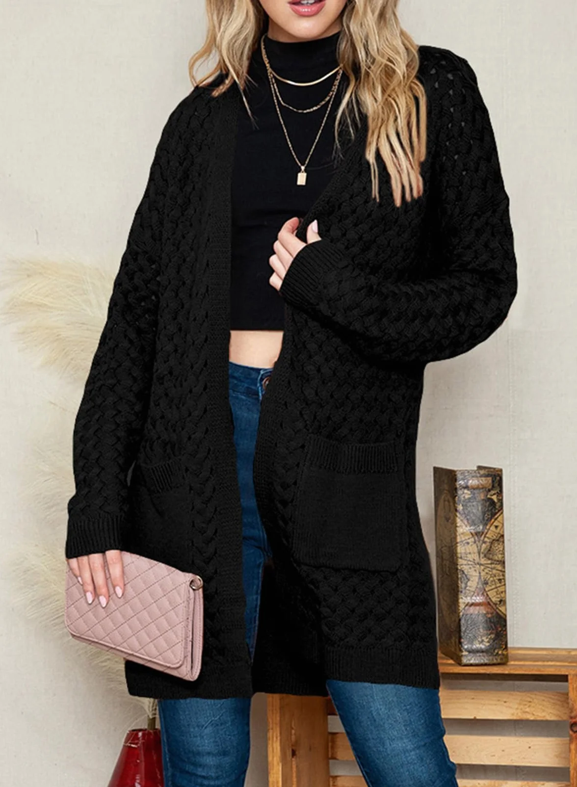 Chaqueta larga de punto para mujer, chaqueta de punto frontal abierta, abrigo con bolsillos, ropa exterior holgada informal para uso diario, Negro , S