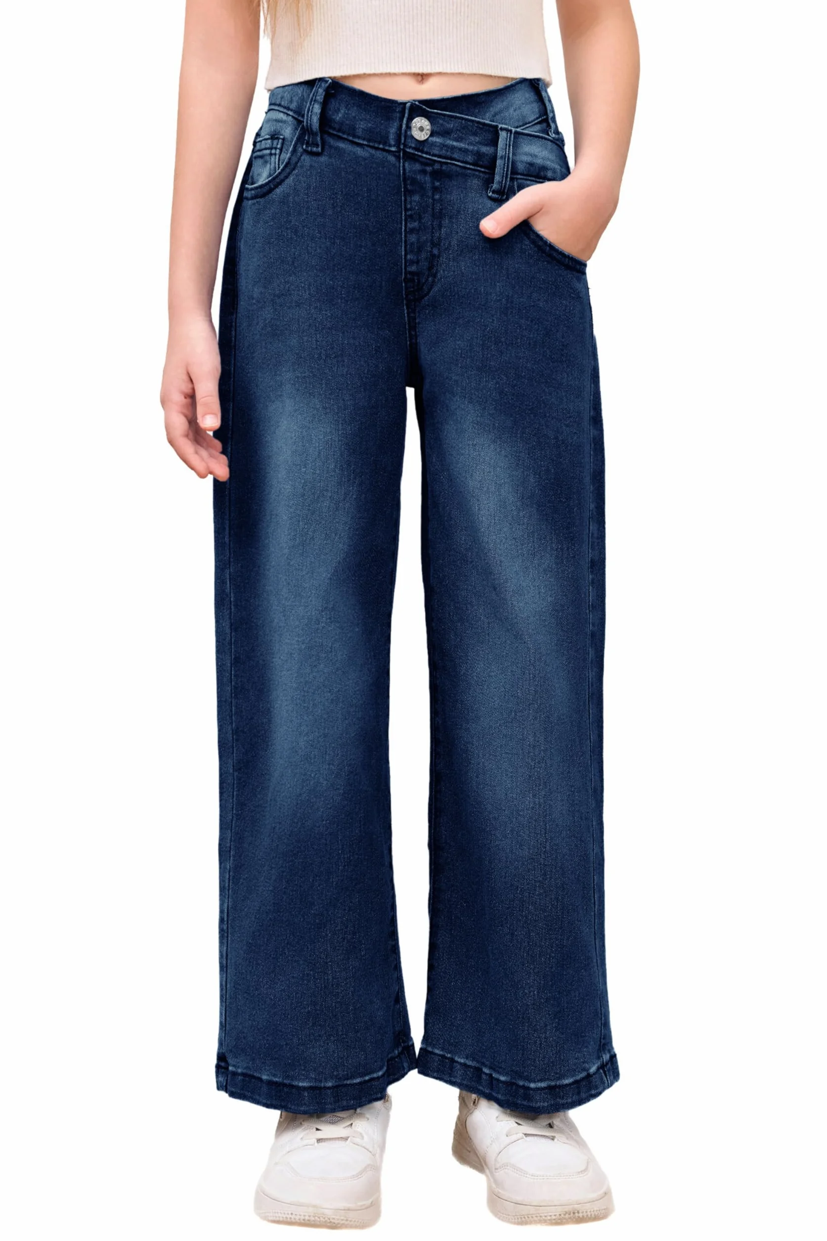 Haloumoning Pantalones vaqueros de cintura alta para niñas, pantalones vaqueros con cintura elástica, piernas anchas