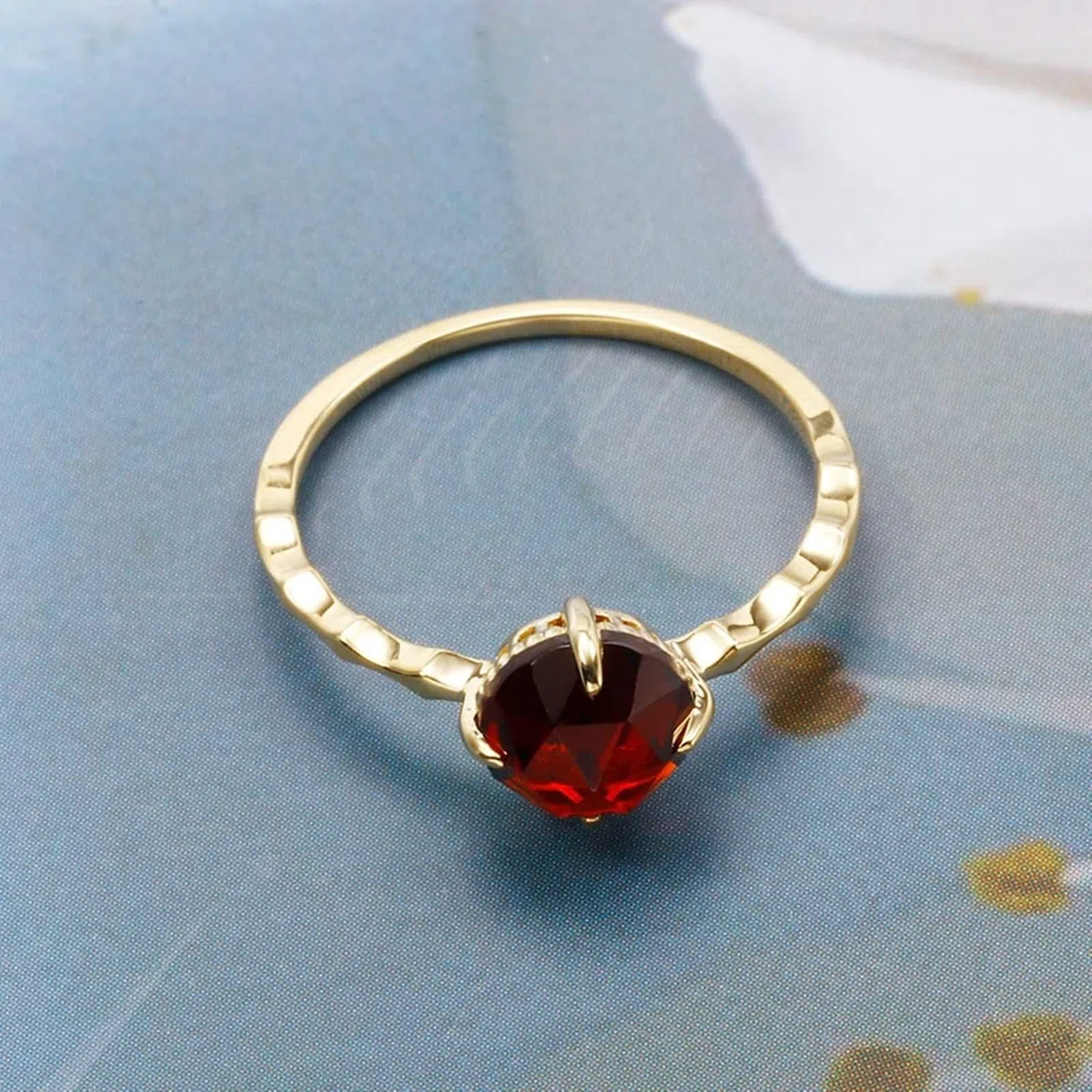 Anillos Mujer Compromiso Redondo Solitario con Granate Creado, Anillos de Matrimonio Oro de 9K/14K/18K para Mujer, Oro