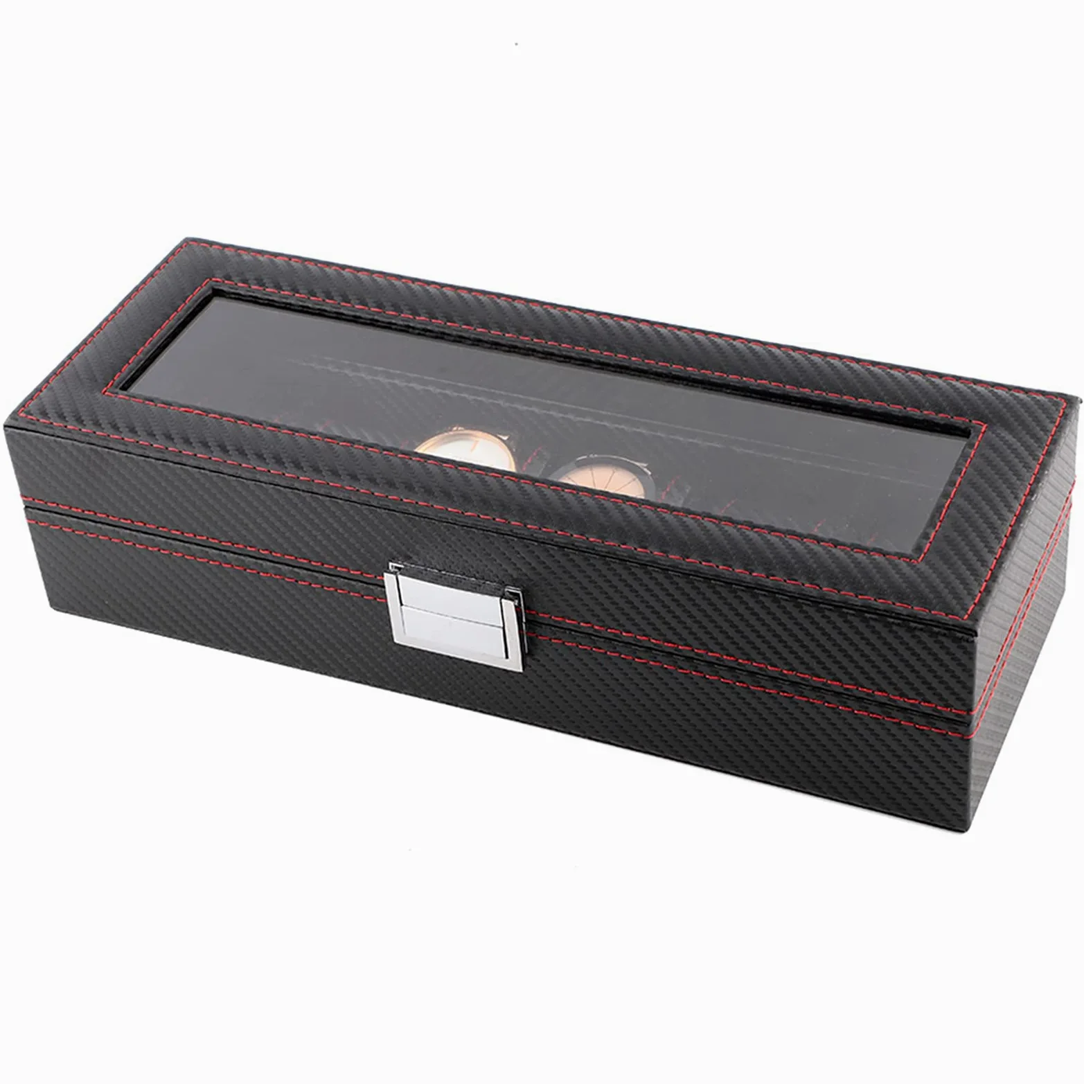 Akozon Caja De Reloj De Fibra De Carbono con 6 Ranuras, Estuche De Viaje para Organizador De Almacenamiento De Exhibición De Joyería