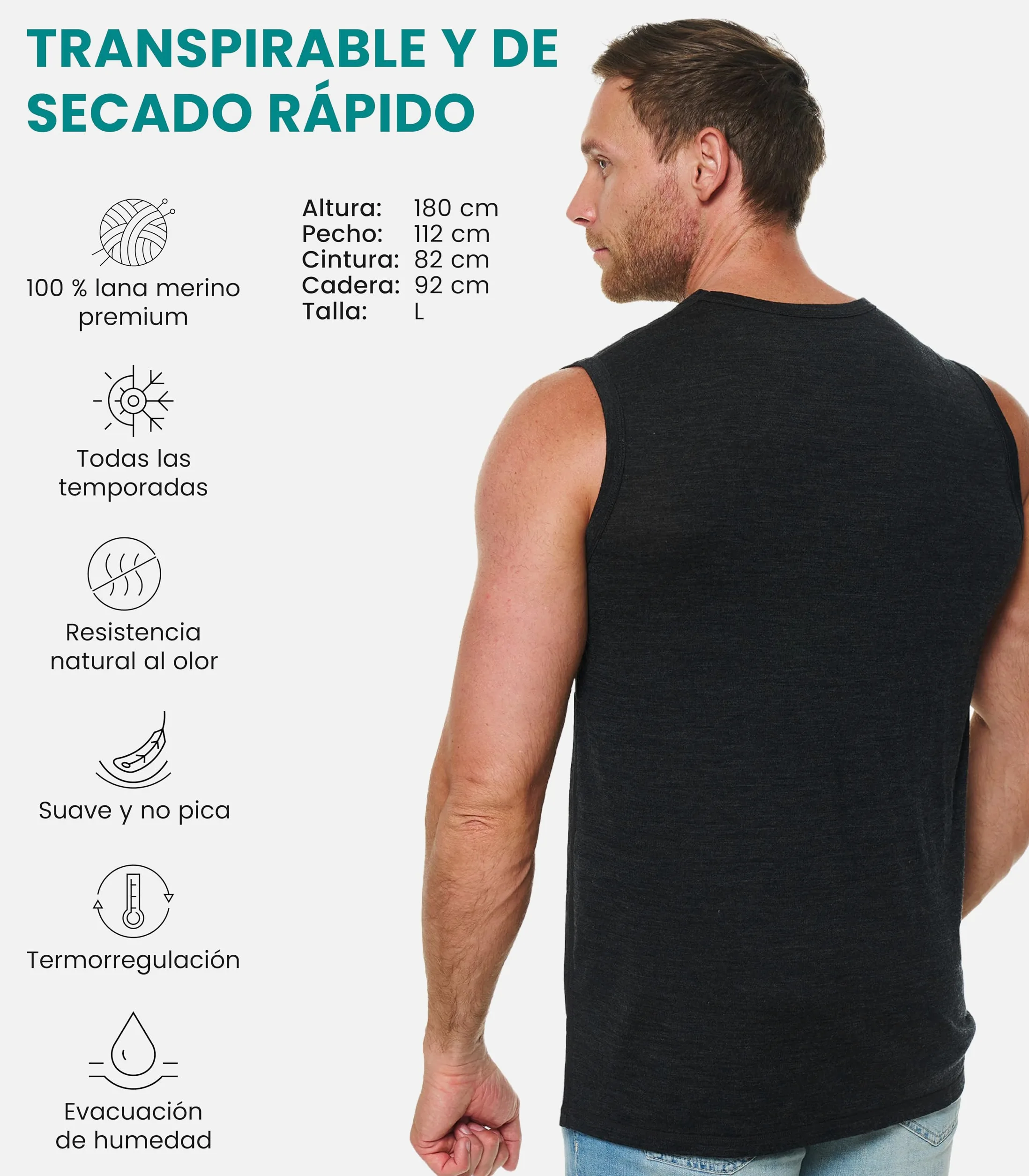 Merino.tech Camiseta Sin Mangas Merino Activa - 100% Lana Merino | Absorbe la humedad, altamente transpirable, de secado rápido, suave y ligera