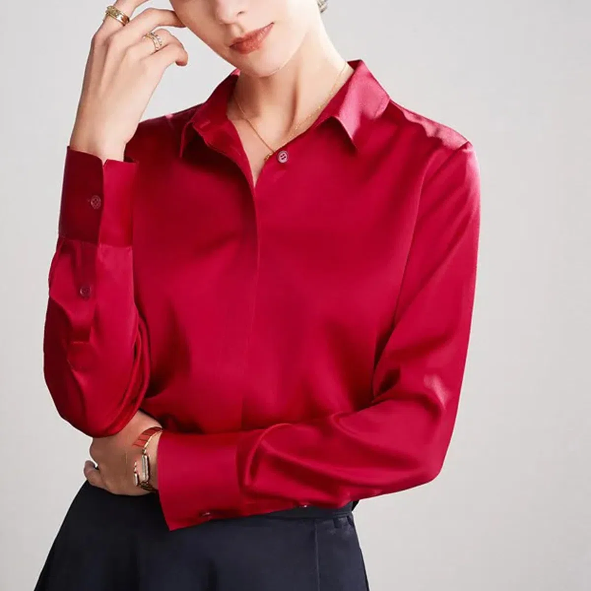 Vogrtcc Blusa de seda para mujer con encaje cosido de manga larga para oficina
