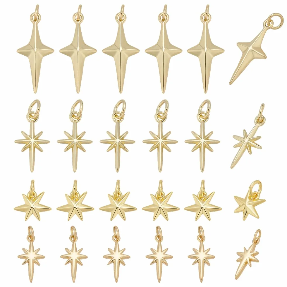 24 colgantes de estrella de latón chapado en oro de 18 quilates, diseño de estrella del norte, 4 estilos, con anillo curvado para la fabricación de joyas, manualidades