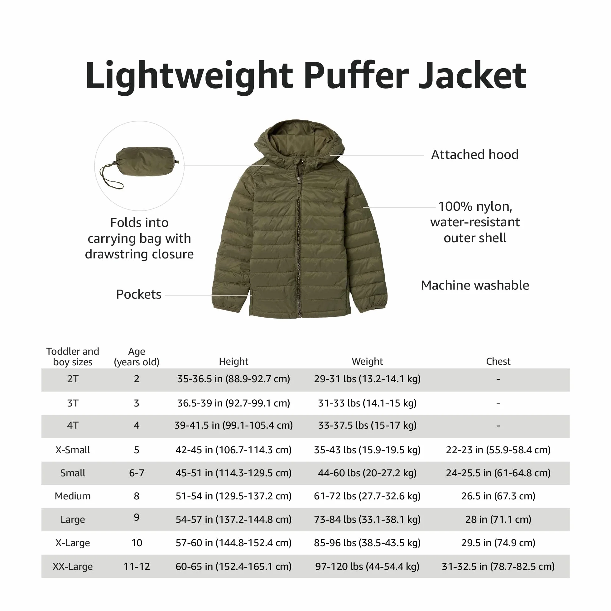 Amazon Essentials Chaqueta Plumífera Plegable Resistente a la Lluvia Ligera para Niños