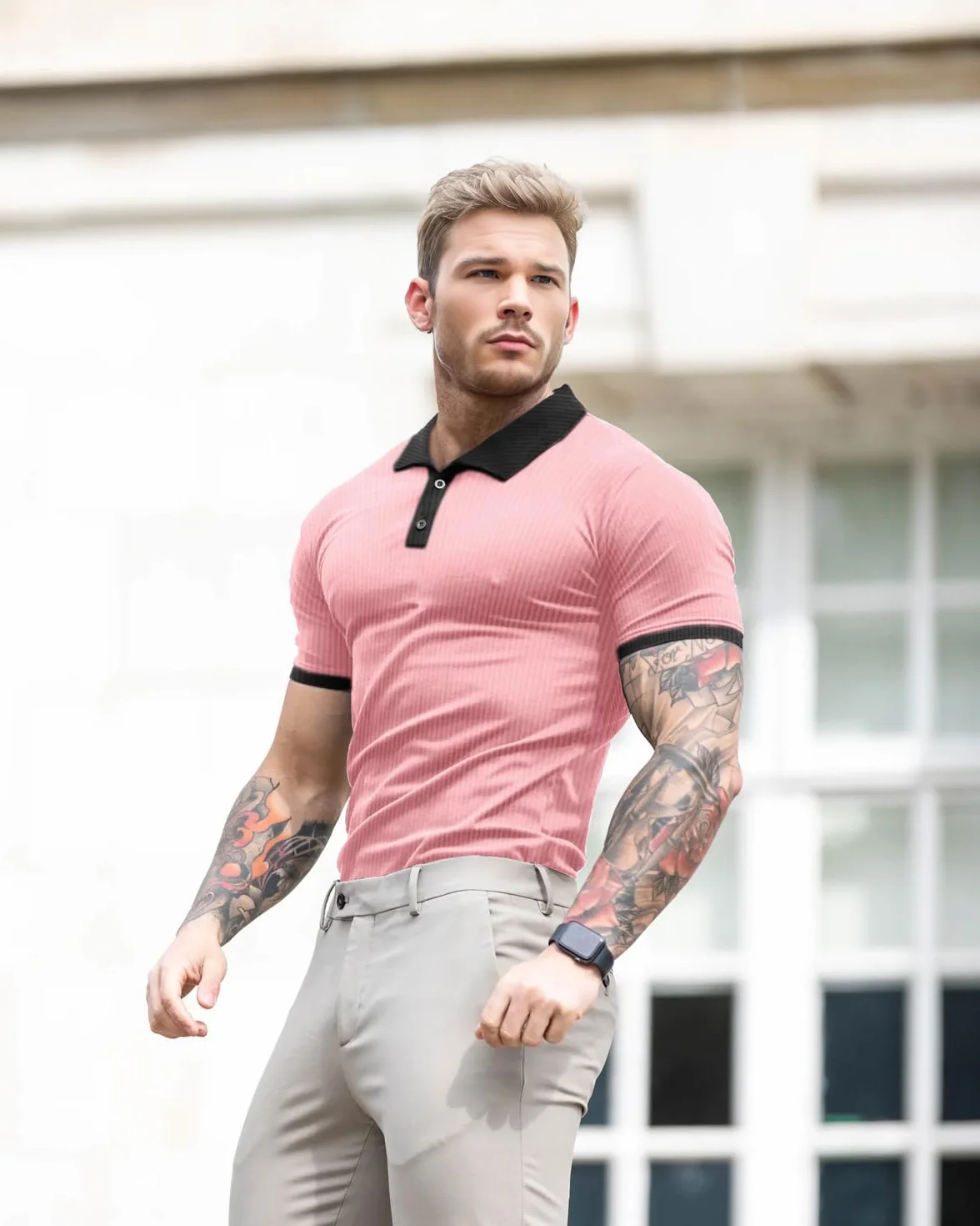 Camiseta Hombre Slim Fit Manga Larga Corta Color Sólido Elástica Golf