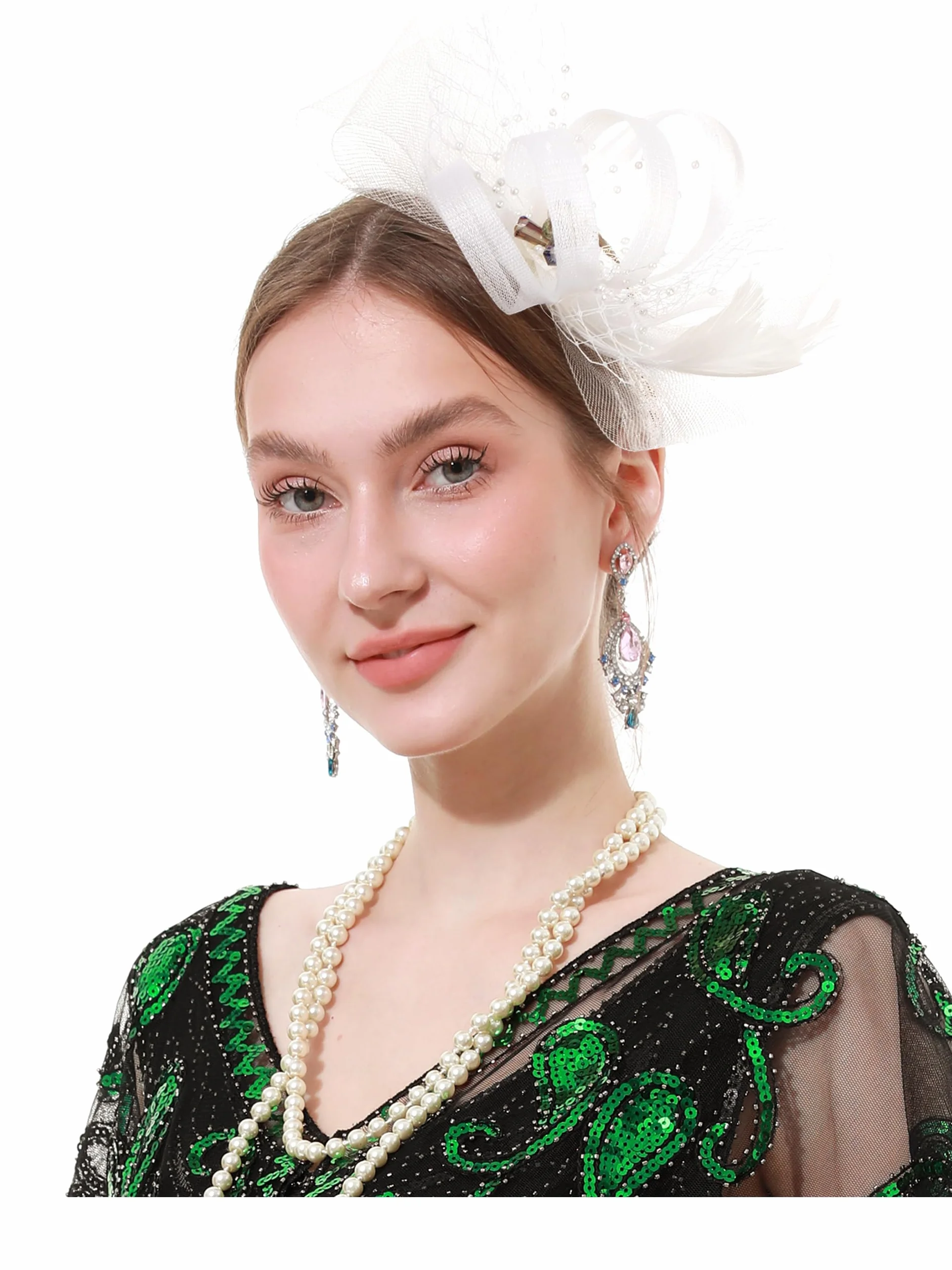 soul young Tocado para mujer, sombrero de boda, fiesta de té, tocado real Ascot, plumas, malla, hatinador, cóctel, diamantes de imitación, blanco, S-3XL