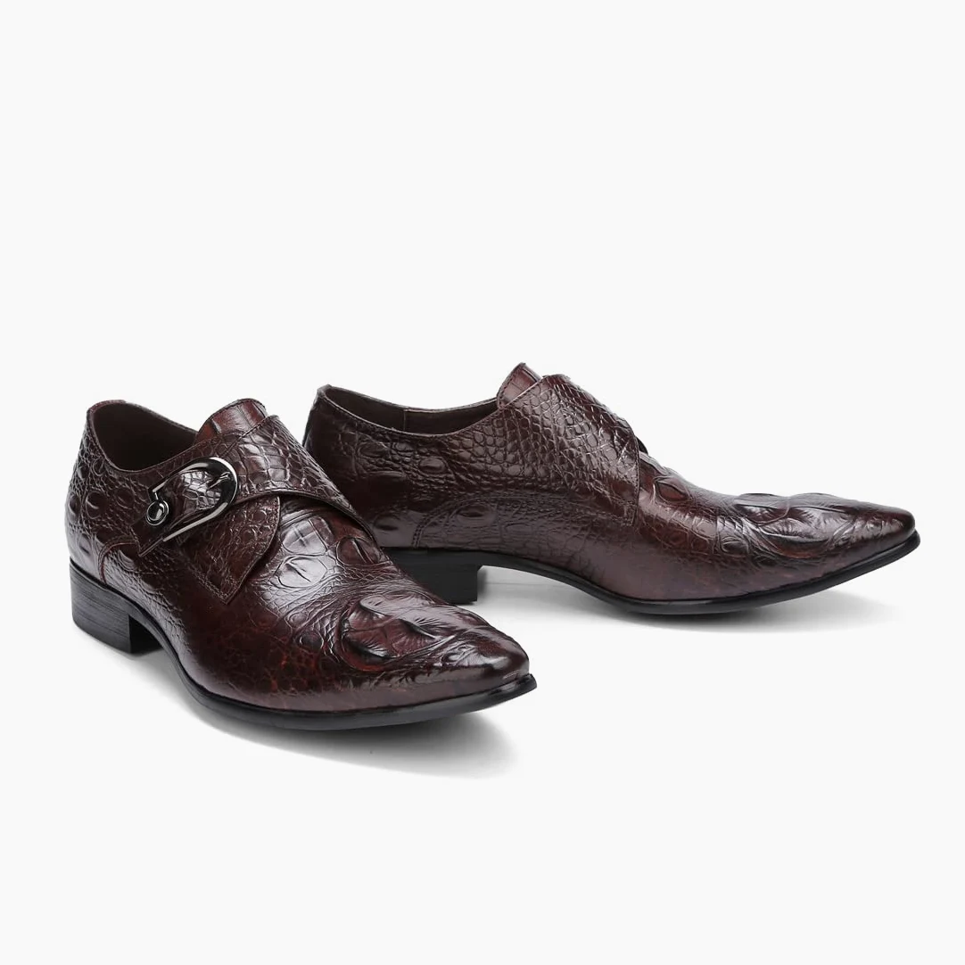 Mocasines Formales Negocios para Hombres Zapatos Monk Relieve en Punta en Cuero Genuino Zapatos de Vestir Slip On con Hebilla