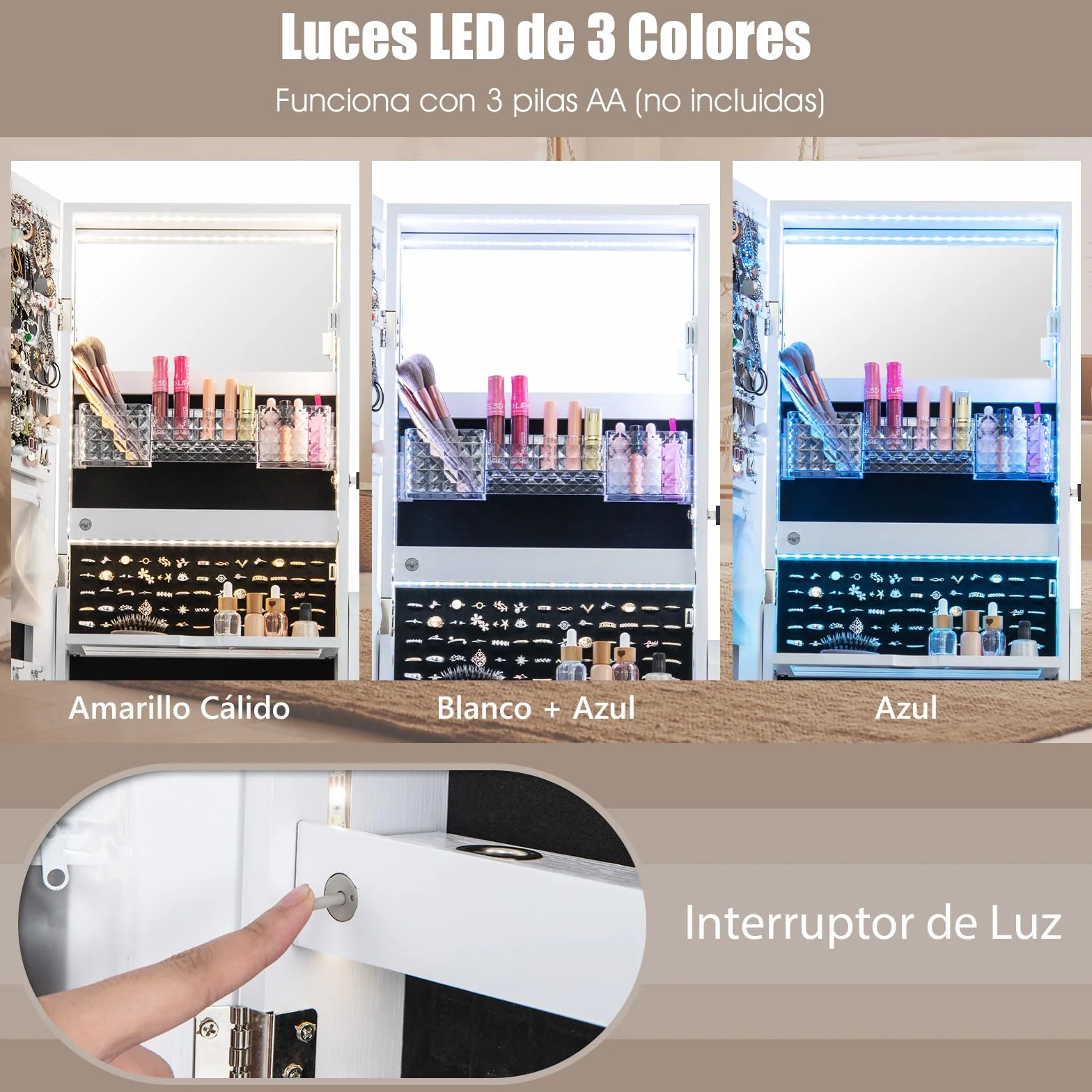 COSTWAY Armario para Joyas, Espejo Joyero de Pie Con Luces LED de 3 Colores, Espejo de Pie Cuerpo Entero con Cerradura, Cajón y 4 ruedas, Almacenamiento de Joyas Con Espejo de Maquillaje (Blanco)