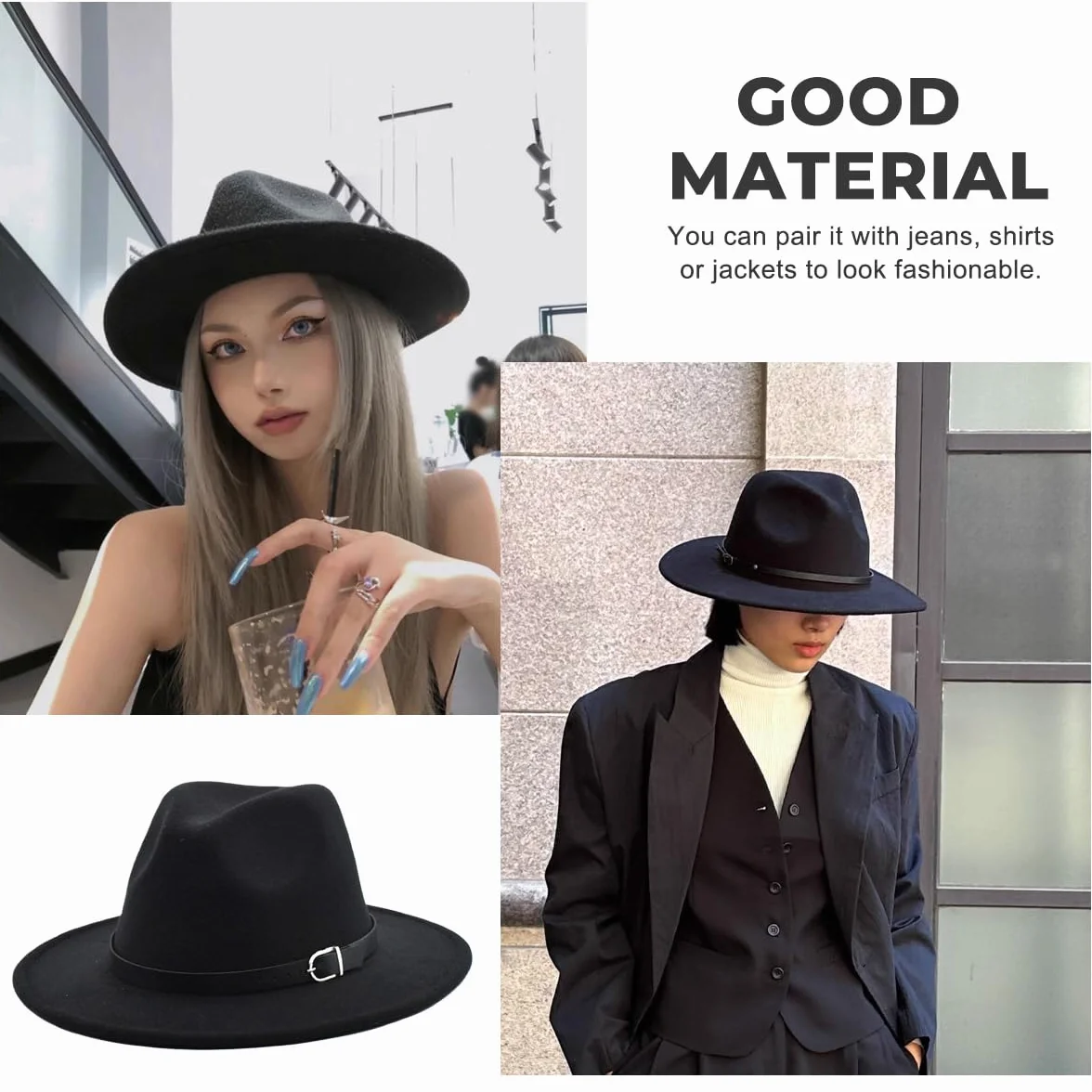 QUUPY Sombrero Fedora clásico de ala ancha con hebilla de cinturón, sombrero de Panamá de fieltro para mujeres y hombres (rojo)
