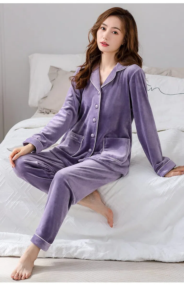 LUBOSE Conjunto de pijama de franela para mujer, ropa de descanso, 2 piezas, pijama térmico con botones, 3XL, morado