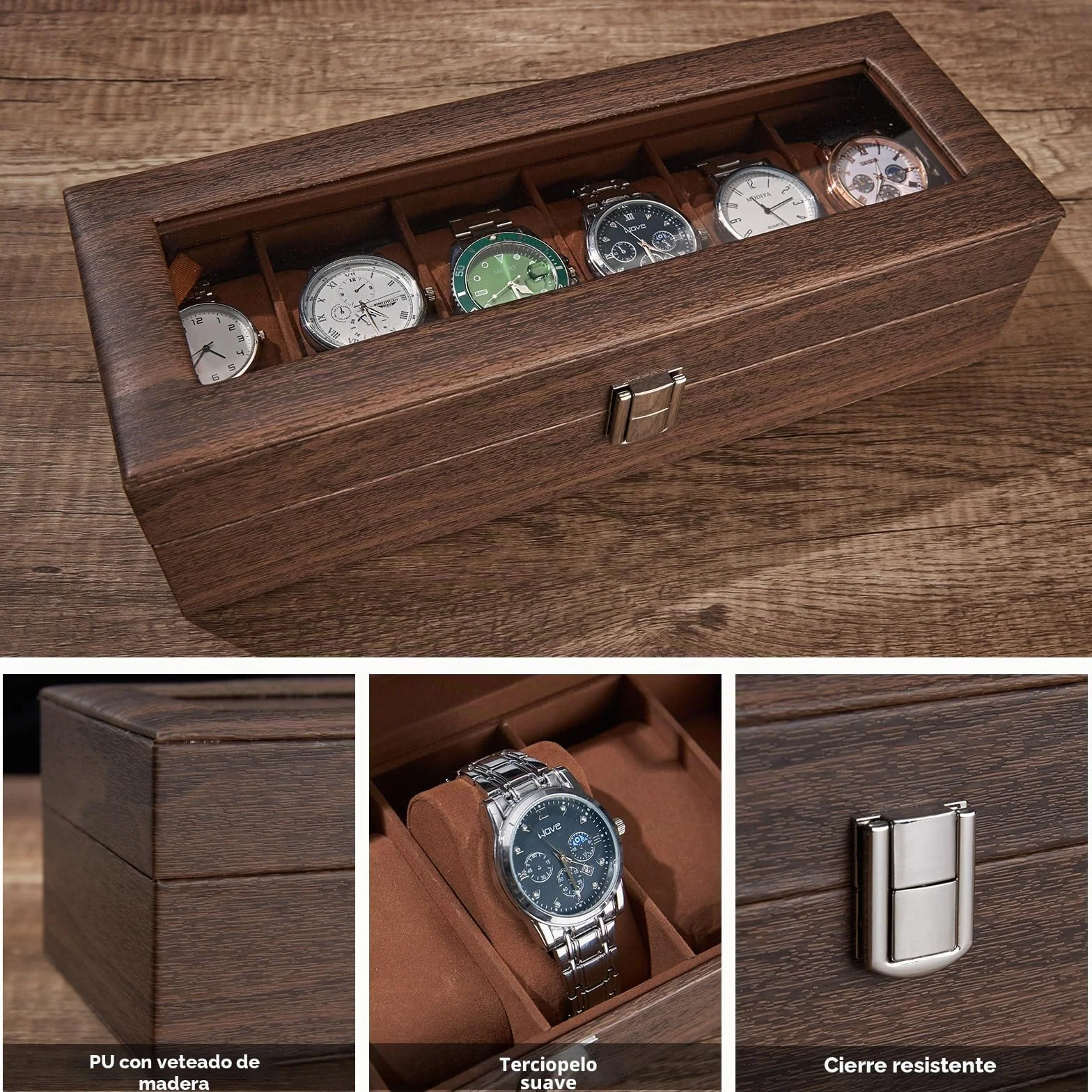 Ohuhu Caja Relojes con 6 Compartimentos, Caja para Relojes con Tapa de Cristal y Cojín Extraíble,Regalo para Cumpleaños Día del Padre Navidad