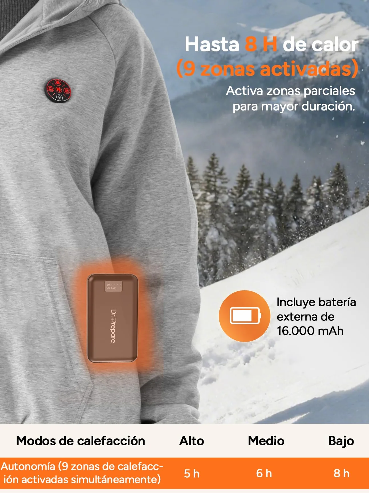 DR.PREPARE Sudadera con Capucha Calefactable Hombre y Mujer 9 Zonas de Calor Batería 16,000 mAh 3 Niveles de Calefacción Hasta 8H de Autonomía Chaleco Calefactable Forro Polar Para Exteriores