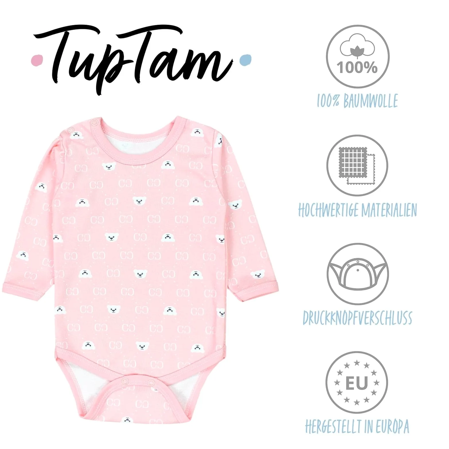 TupTam Body Bebe Manga Larga – Pack 5 Bodies Bebe Niña Unicolor – Algodón Suave y Transpirable