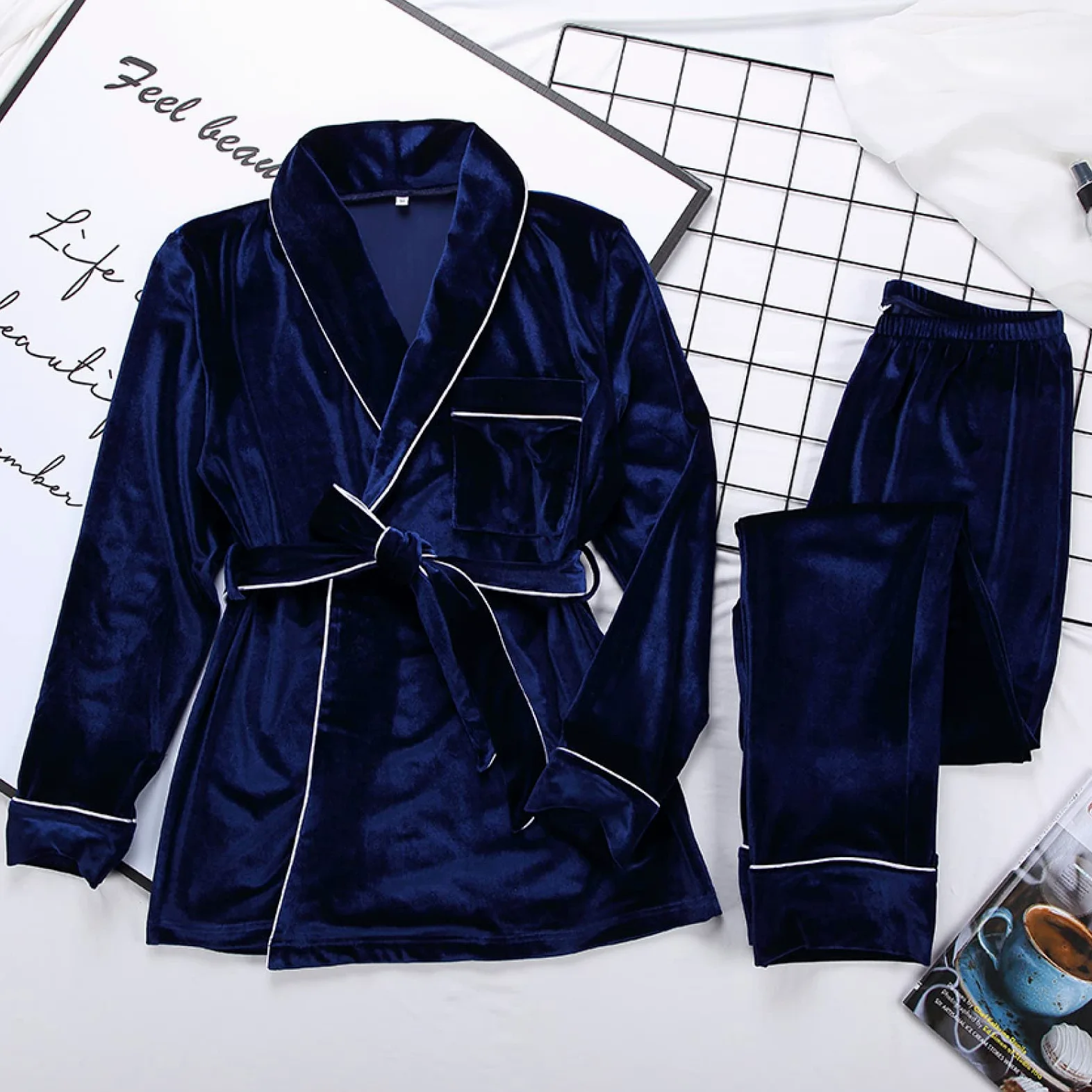 Conjunto De Dos Piezas De Pijama De Manga Larga para Mujer, Conjunto De Cárdigan Cálido Y Cómodo, Camisón Sexy para Mujer,Blue,XL