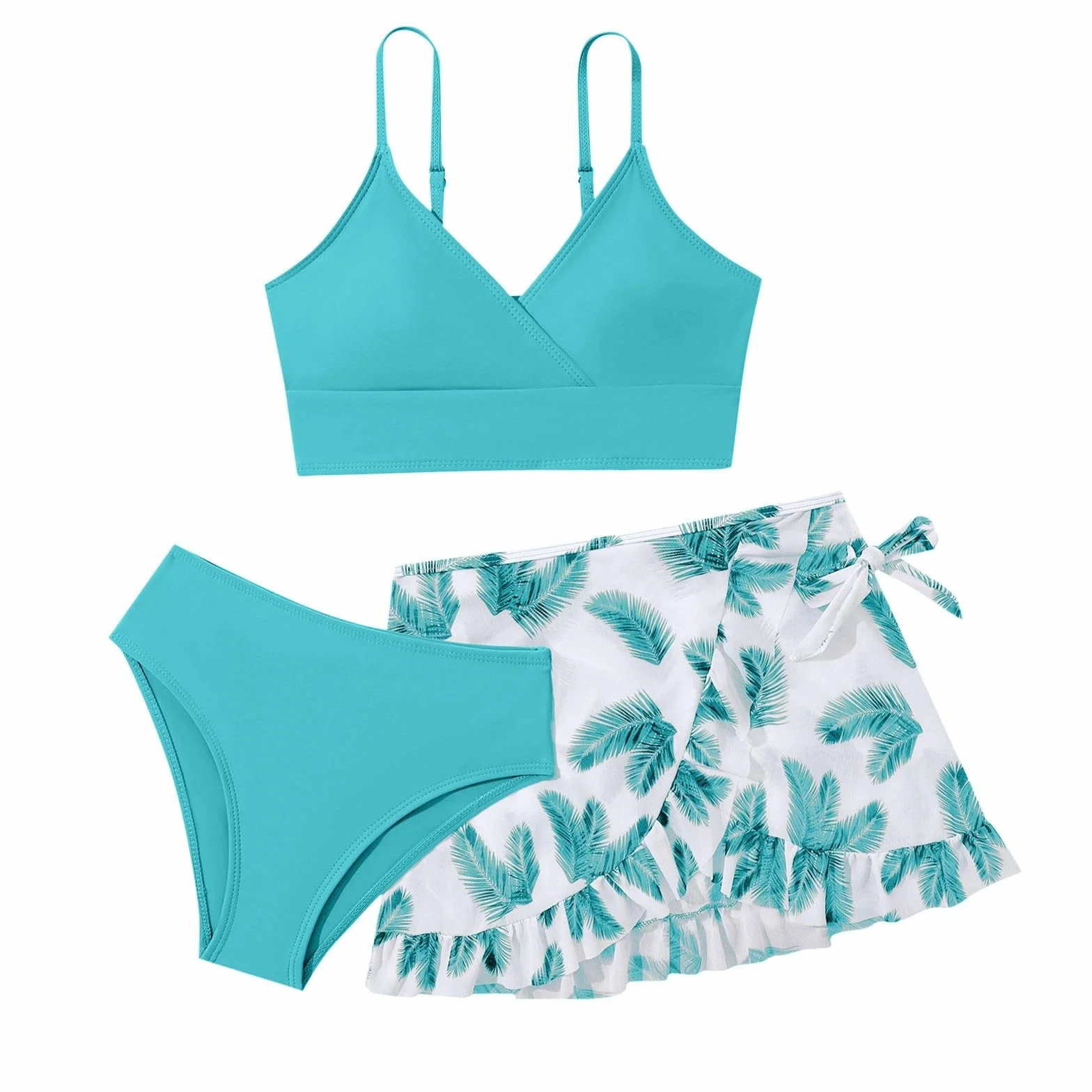Traje de baño para niña de 3 piezas, color liso, bikini